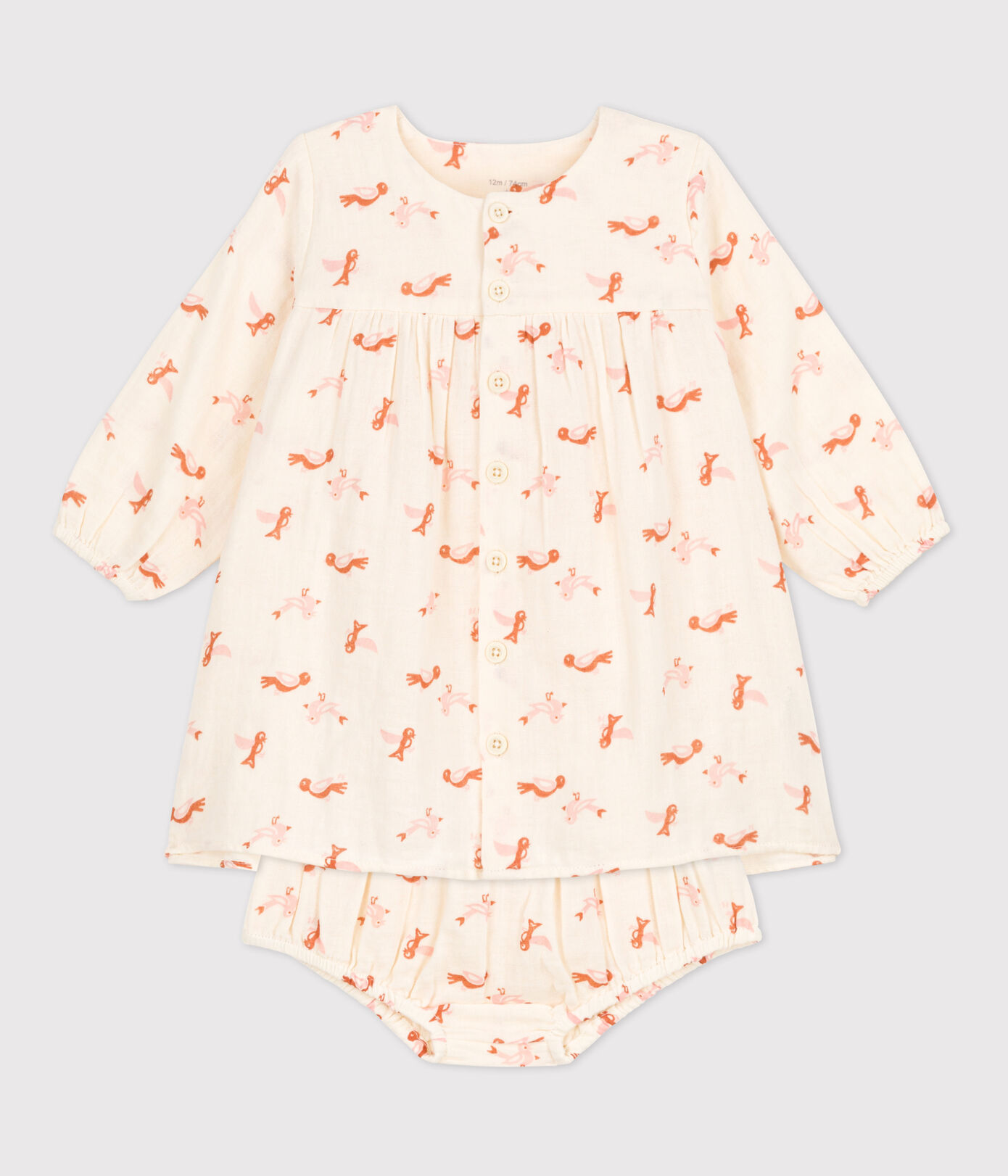 Robe et bloomer bébé imprimés oiseaux en gaze de coton