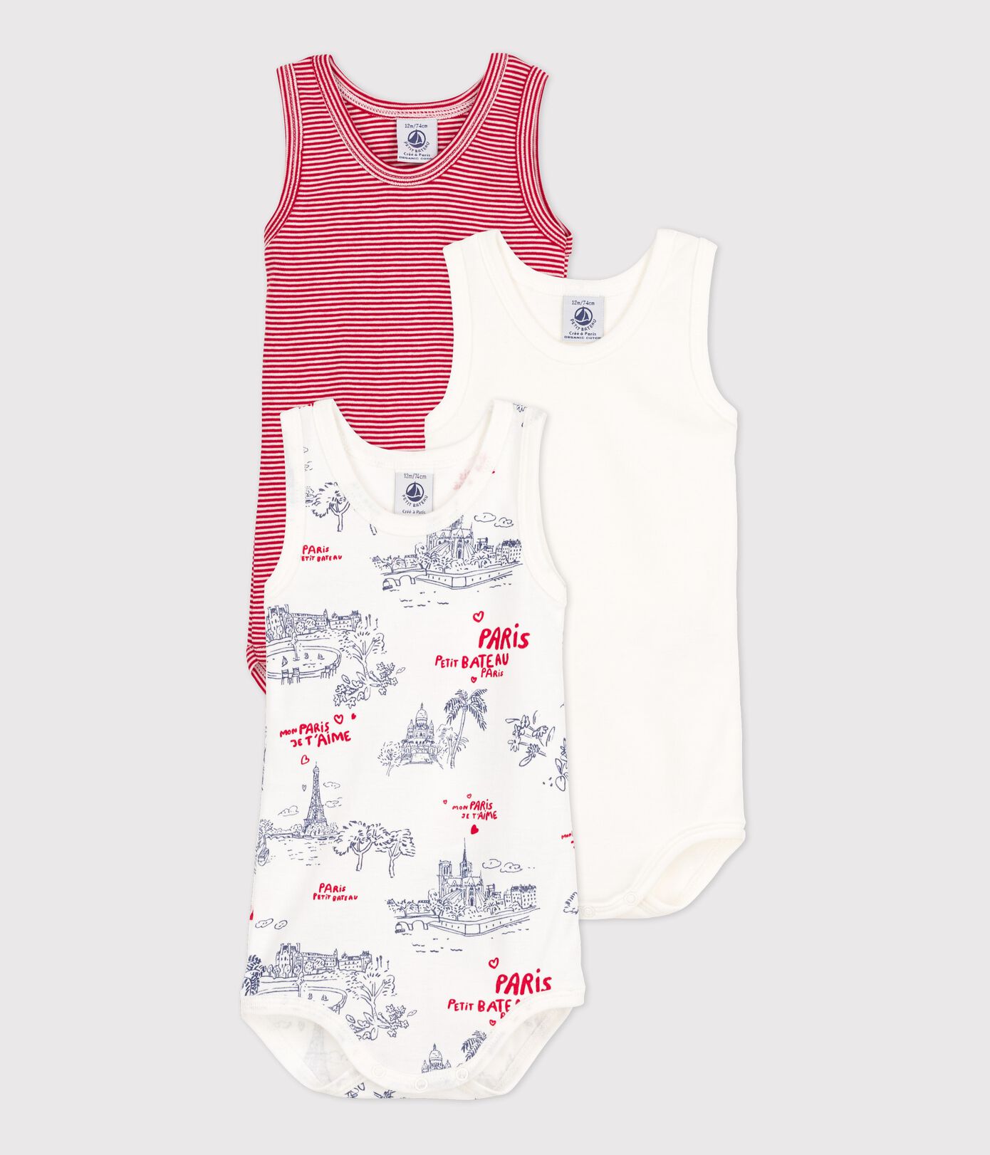 Lot de 3 bodies sans manches Paris bébé en coton