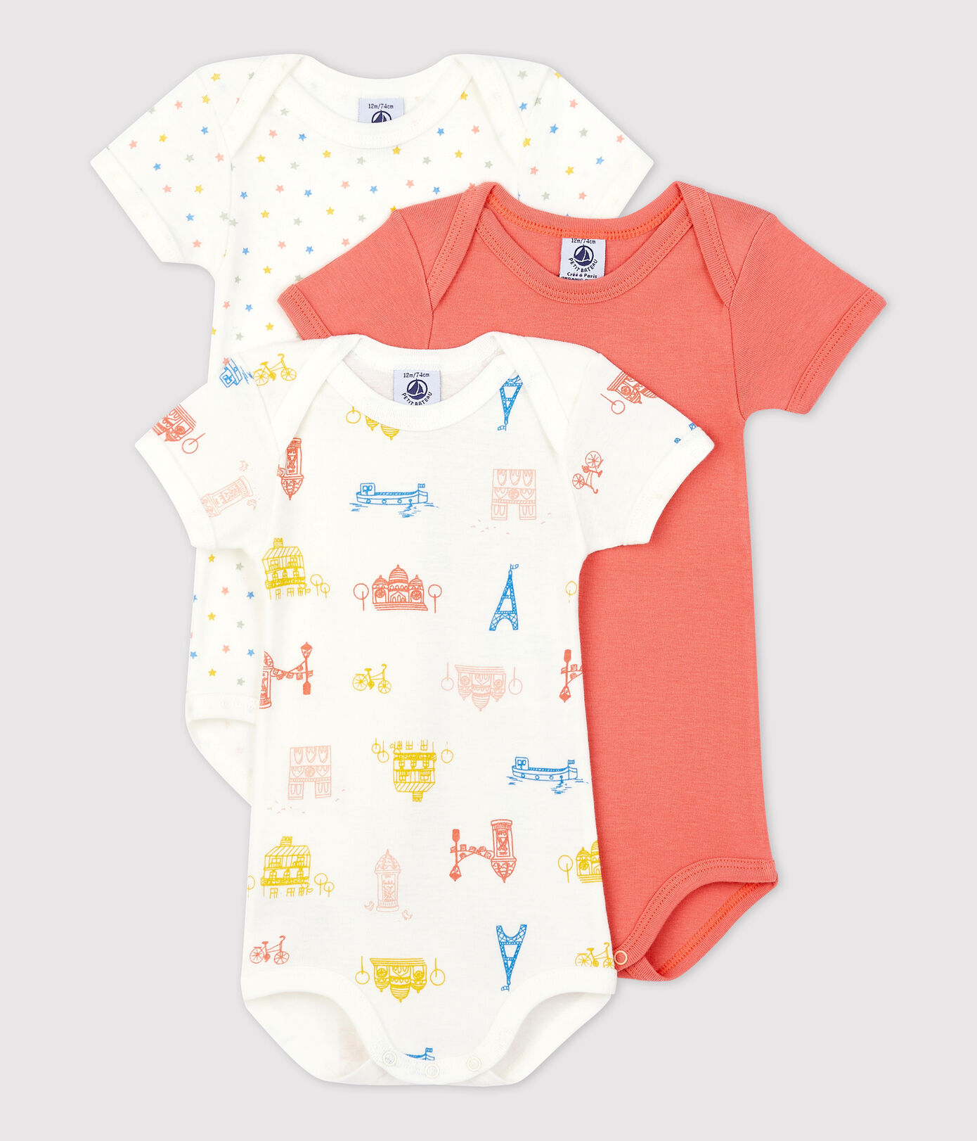Lot de 3 bodies Paris manches courtes en coton