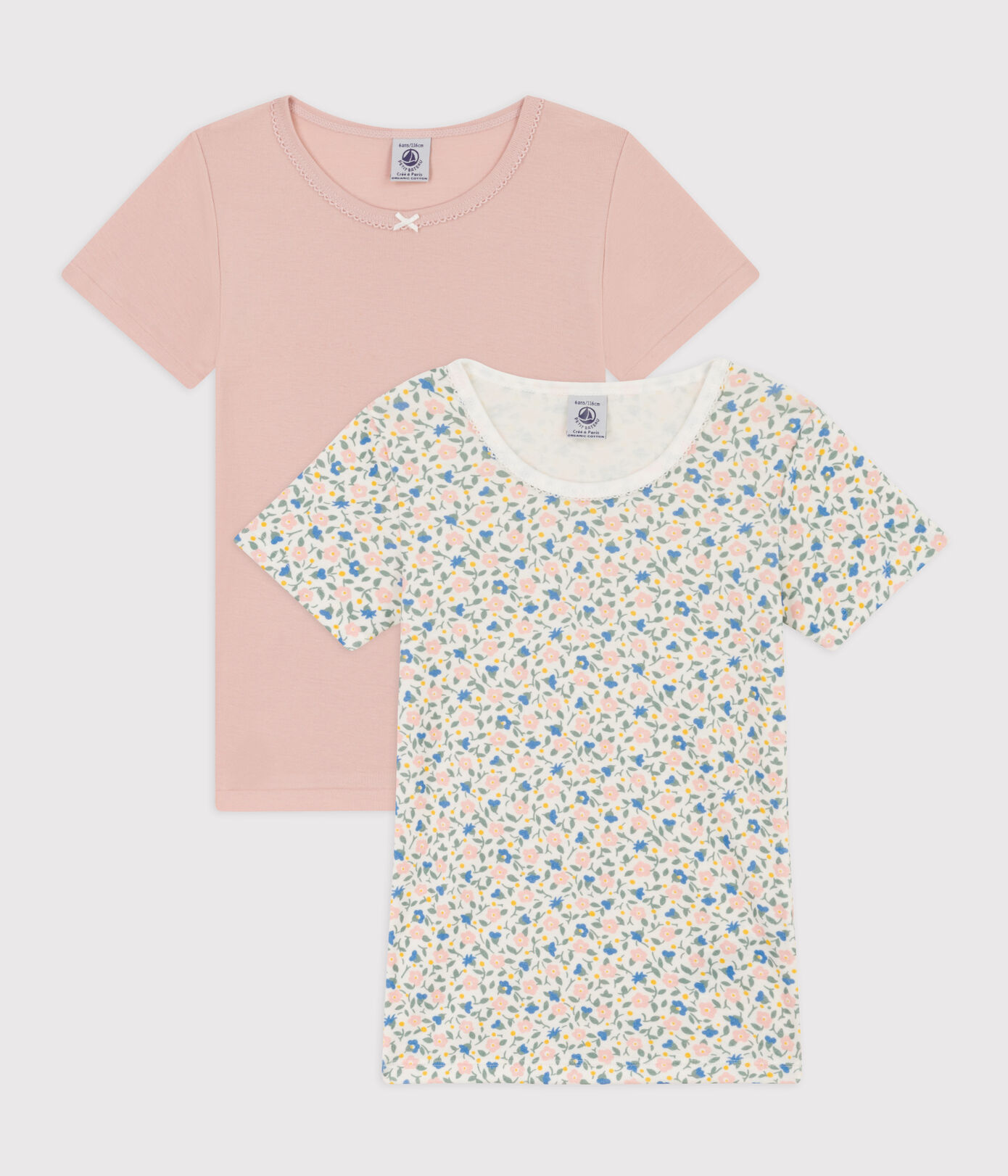 Lot de 2 tee shirts manches courtes fleurs en coton petite fille