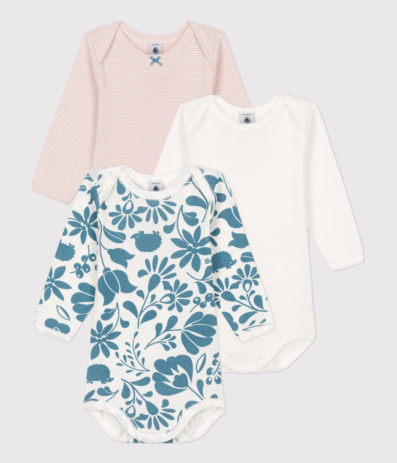 Lot de 3 bodies manches longues fleur bébé en coton
