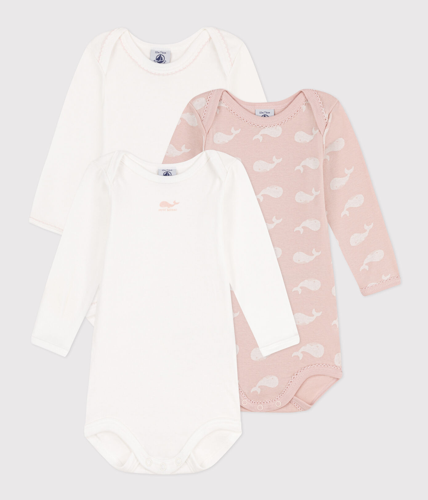 Lot de 3 bodies manches longues baleines roses en coton