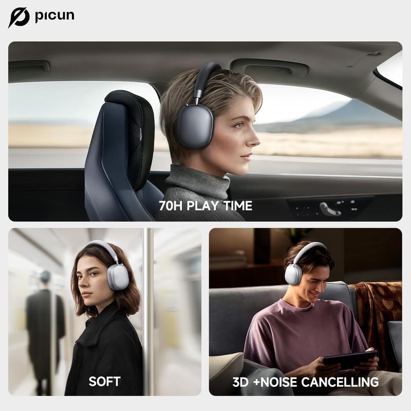 Picun F5 ANC Wireless Headphones, Bluetooth 5.4 Low-Latency, -35dB Noise Cancellation, Electronic Connection, Hi-Fi Audio, Custom EQ, Comfortable for Travel & Work Connection Electronic Headset