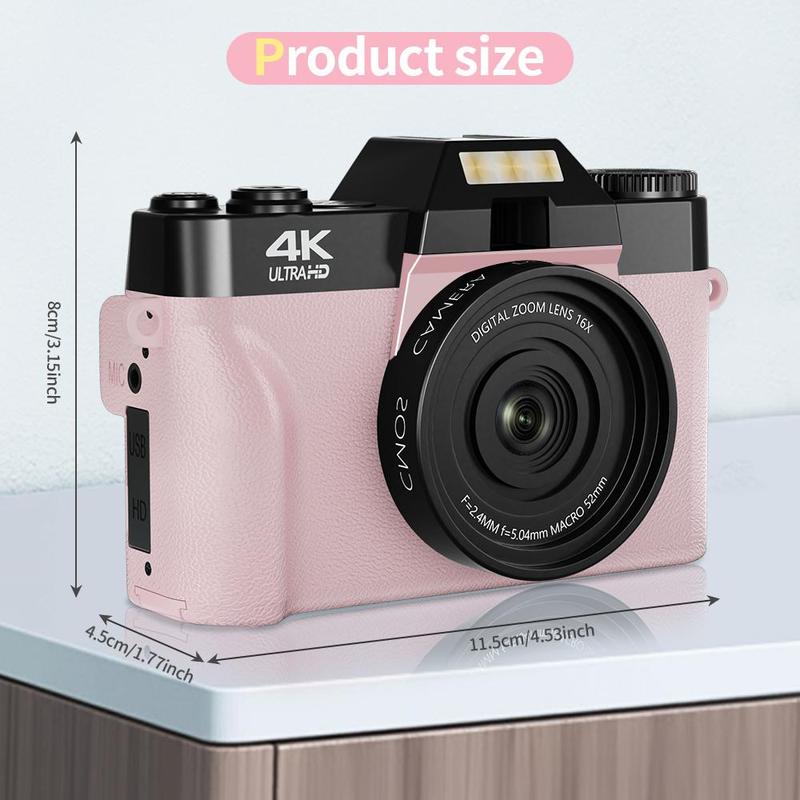 4K Digital Camera, 56MP Camera with 180° Flip Screen, Vlogging Camera, Autofocus Camera with 16X Digital Zoom, Wide Angle & Macro Lens Camera