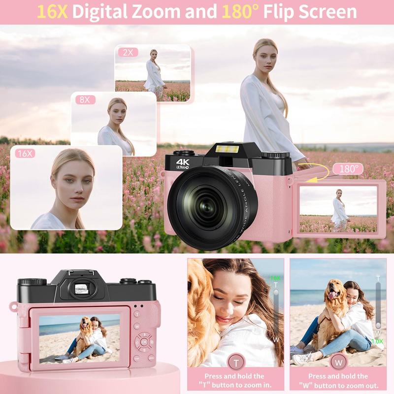 4K Digital Camera, 56MP Camera with 180° Flip Screen, Vlogging Camera, Autofocus Camera with 16X Digital Zoom, Wide Angle & Macro Lens Camera