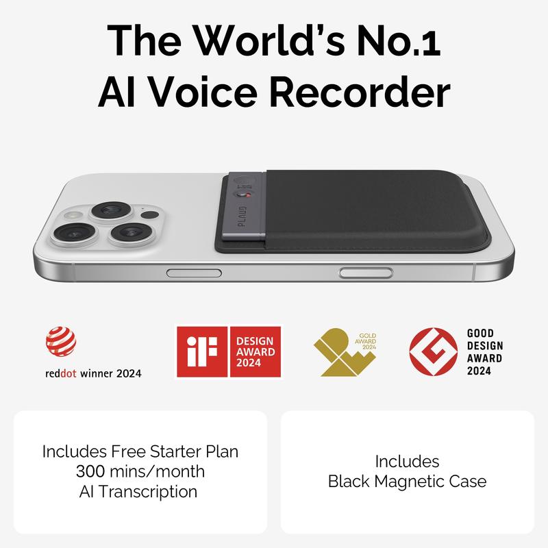 Note Smart Voice Recorder - One-Press Recording & Playback, 0.117-Inch Slim, 64GB, Voice Changer Translator, Black MagSafe Case - Audio