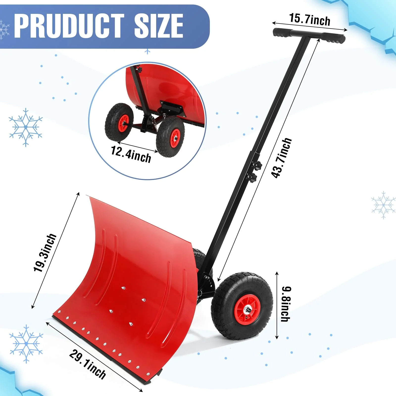 Garvee Snow Shovel with Wheels Heavy Duty Steel Blade Adjustable Angle & Height Handle 29.1