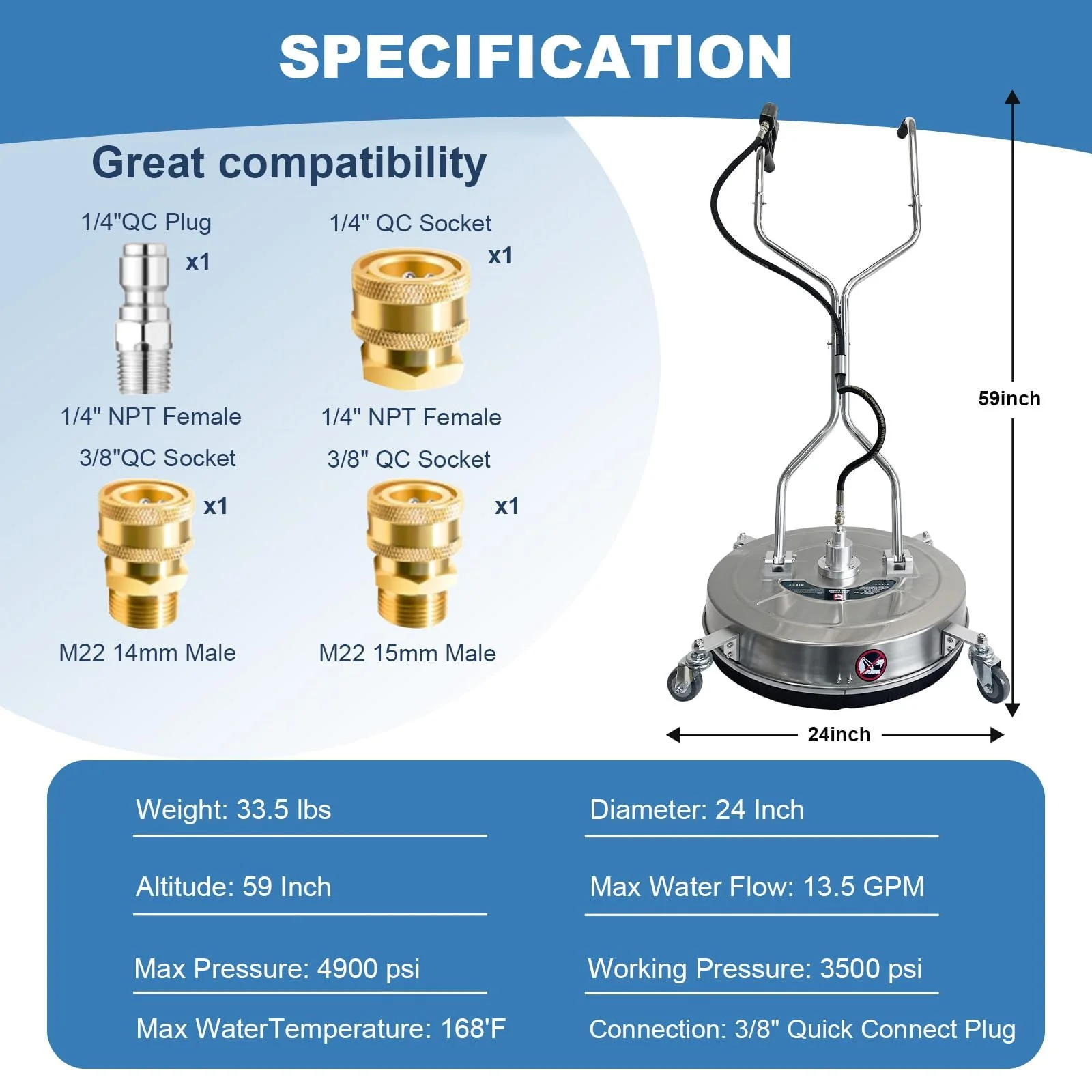 Garvee Stainless Steel Pressure Washer Surface Cleaner 4600 PSI Heavy Duty 4-Wheel Driveway Concrete Attachment Rust-Resistant Quick Setup for Patios Sidewalks Decks