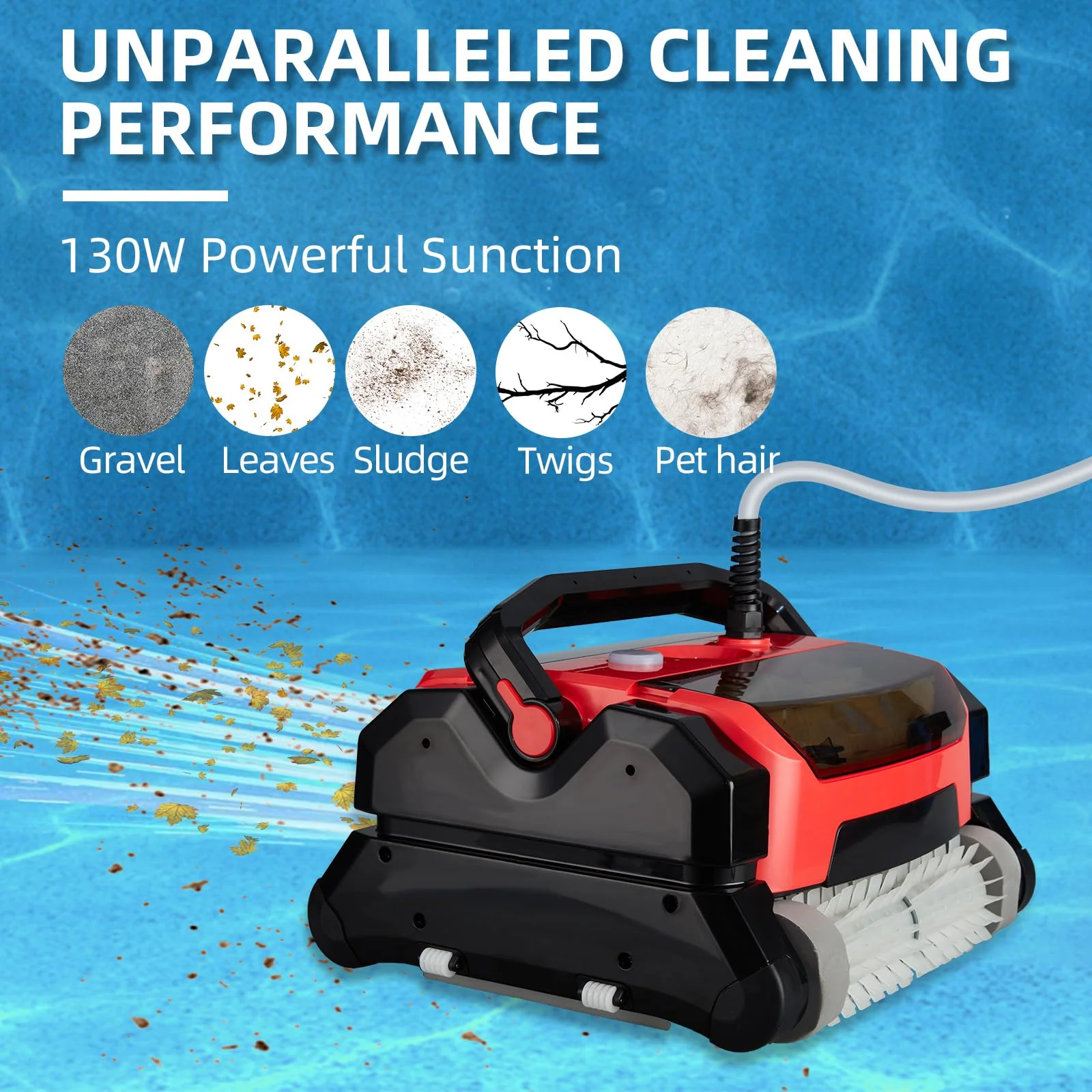 Garvee Robotic Pool Vacuum Cleaner: 130W, Waterline Cleaning, Wall Climbing Capability, Top Load Filters, for Above/In-Ground Pools Up to 30FT-Red