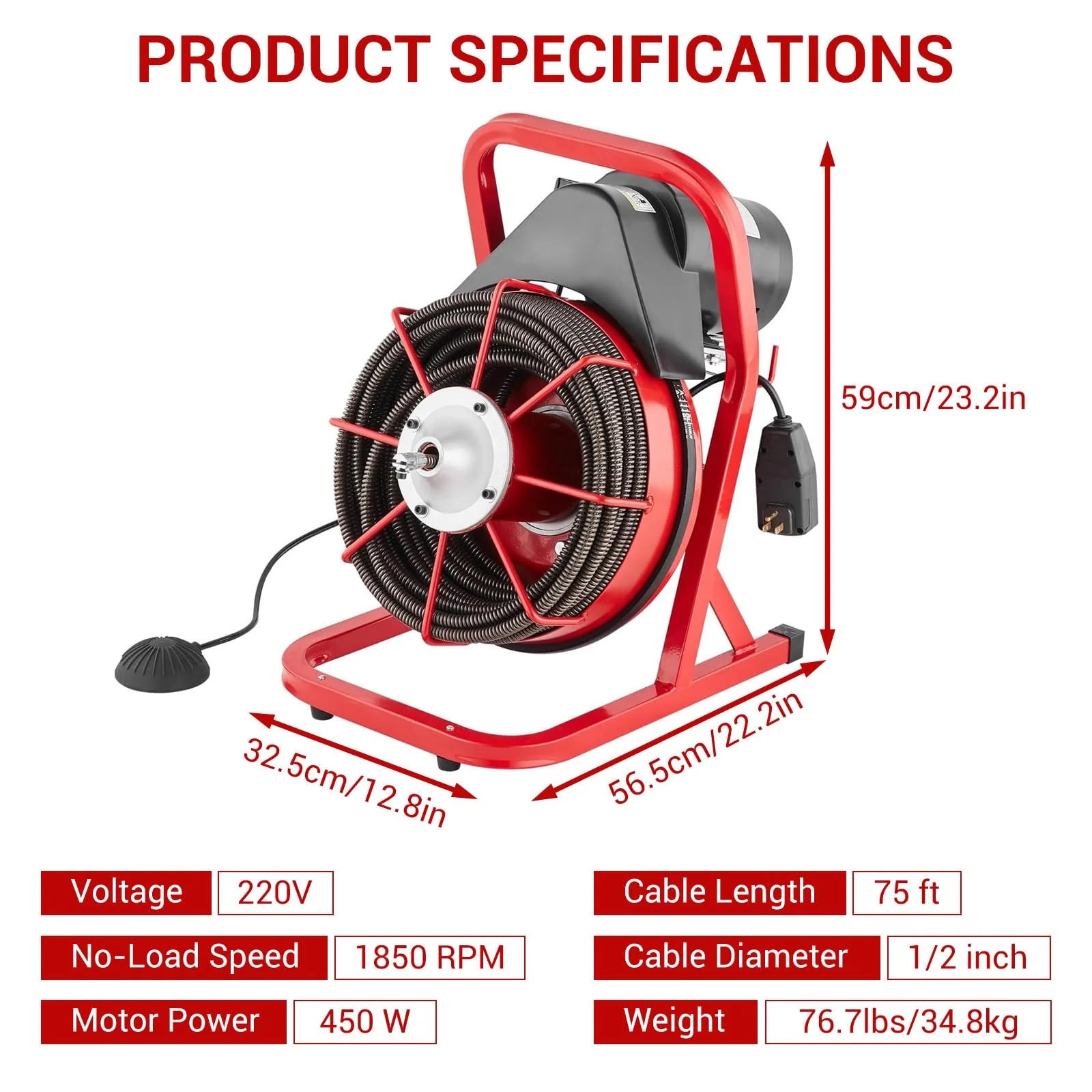 Garvee Drain Cleaner Machine 75FT Steel Cable 400W Motor 6 Cutters Foot Switch for 1-4in Pipes Heavy Duty Sewer Auger Sinks Toilets Showers