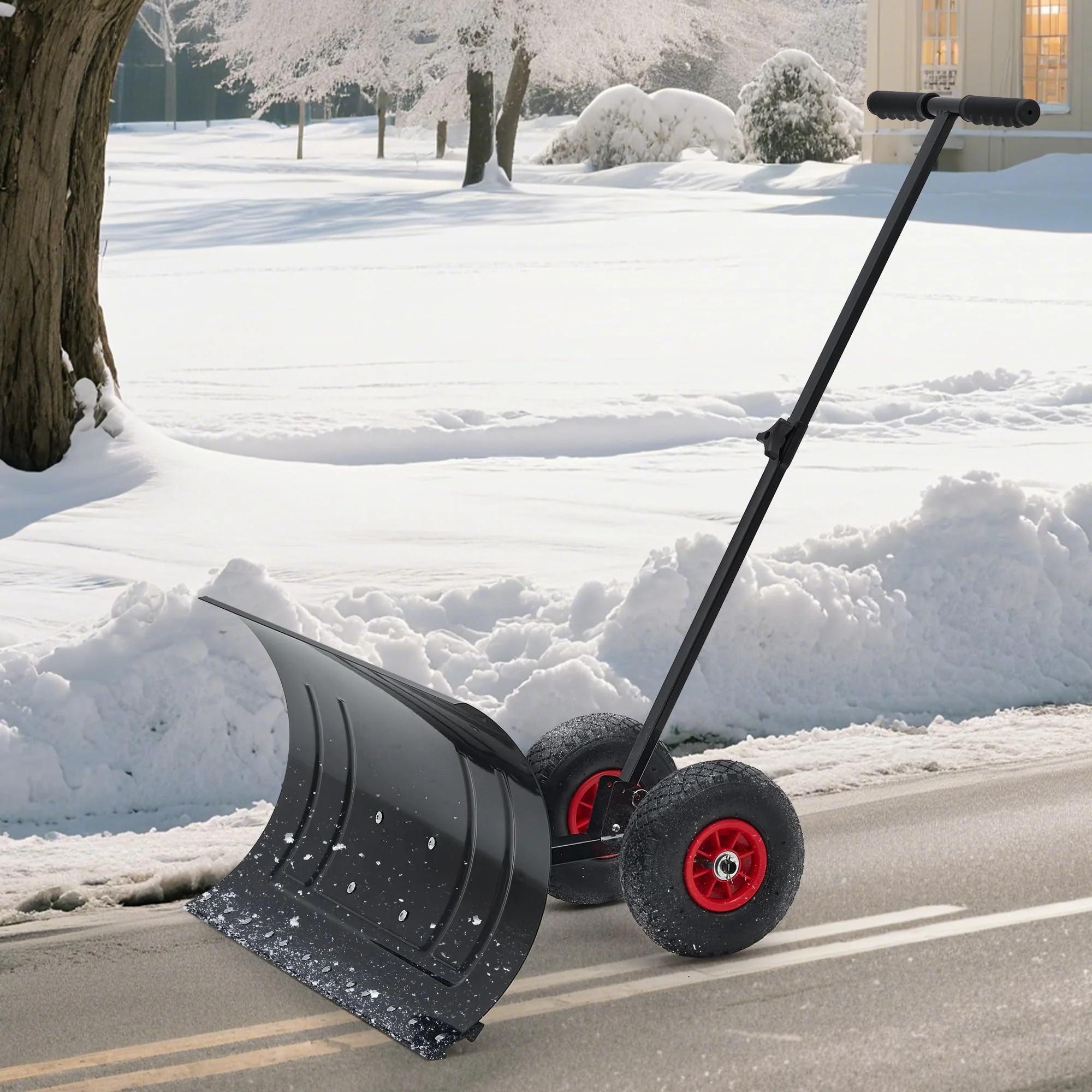 Garvee Snow Shovel with Wheels 29in Wide Adjustable Single Handle Angled Blade Metal Durable Latch Design for Driveway Walkway