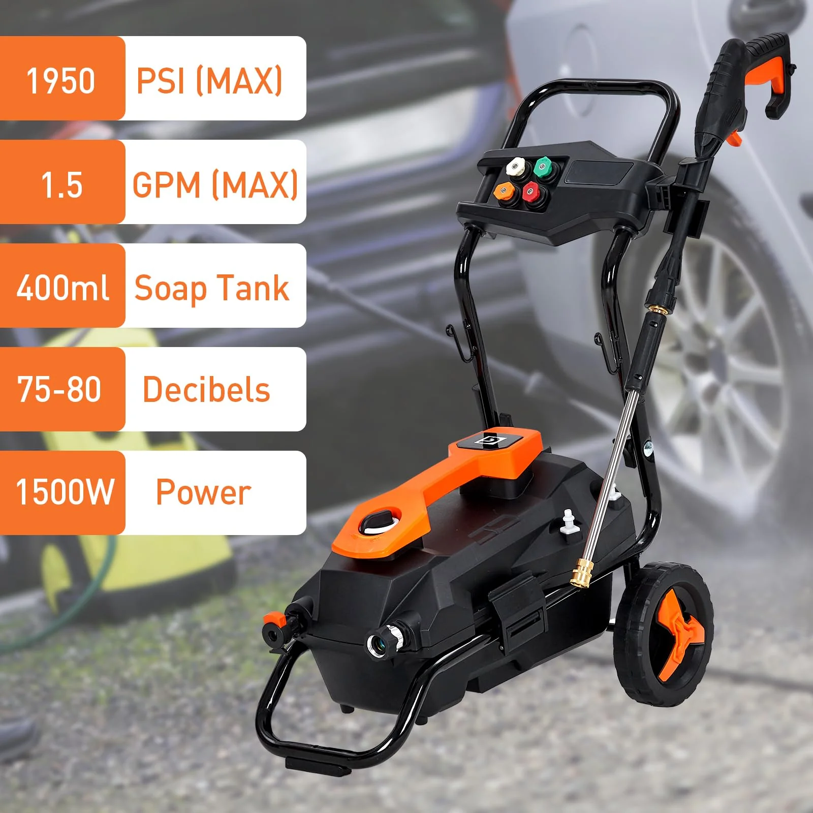 Garvee Electric Pressure Washer 1950 PSI and 1.5 GPM, 4 Nozzle Tips 25ft Hose with 400ML Onboard Soap Tank, High Pressure Washers for Cars Fences Driveways Homes Patios