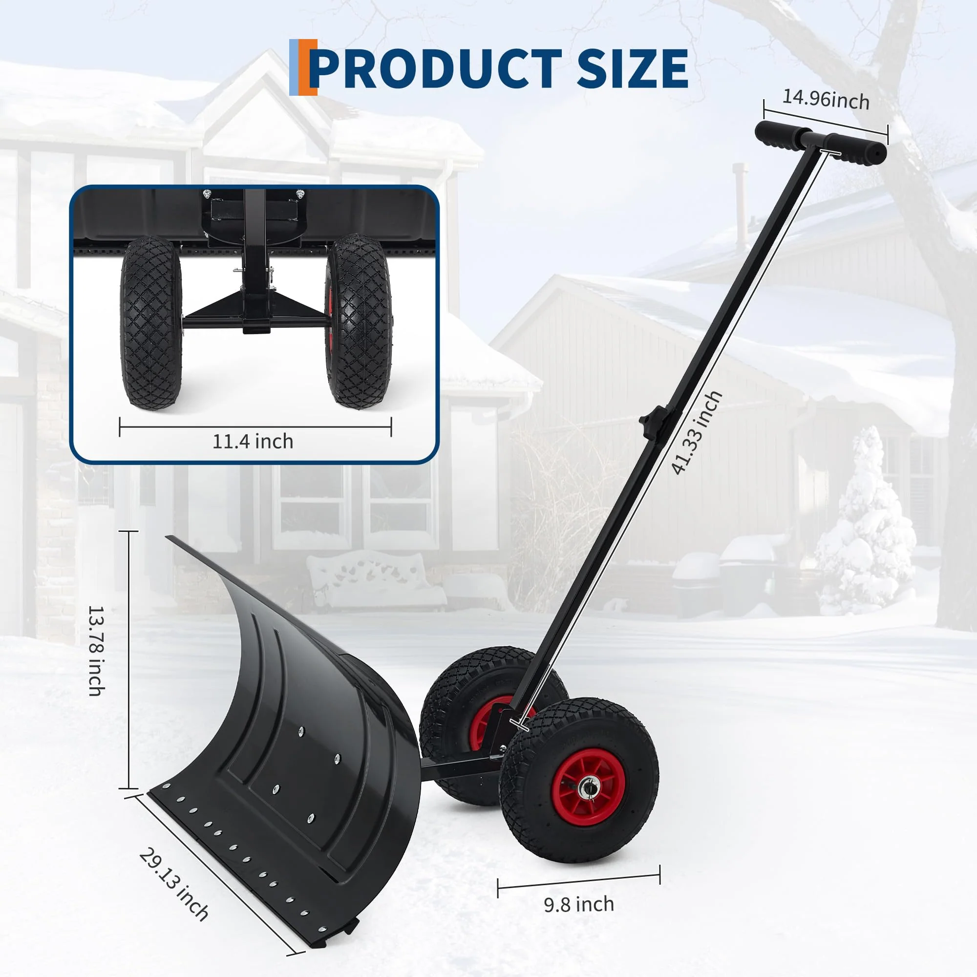 Garvee Snow Shovel with Wheels 29in Wide Adjustable Single Handle Angled Blade Metal Durable Latch Design for Driveway Walkway