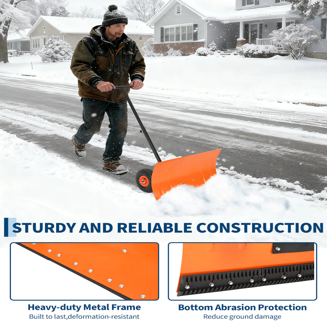 Garvee Snow Shovel with Wheels Steel Snow Pusher 5-Position Angled Blade Ergonomic Back-Saving Design Heavy Duty Orange for Driveway Sidewalk