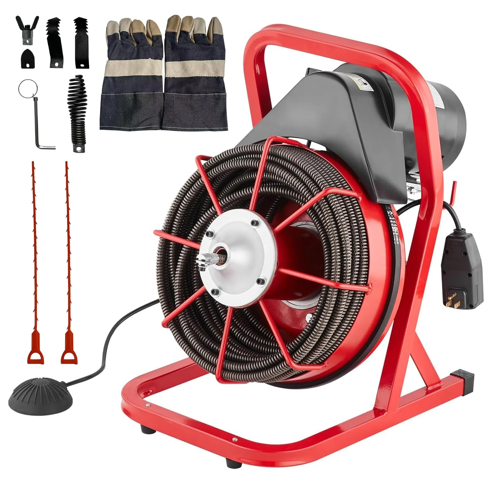 Garvee Drain Cleaner Machine 75FT Steel Cable 400W Motor 6 Cutters Foot Switch for 1-4in Pipes Heavy Duty Sewer Auger Sinks Toilets Showers