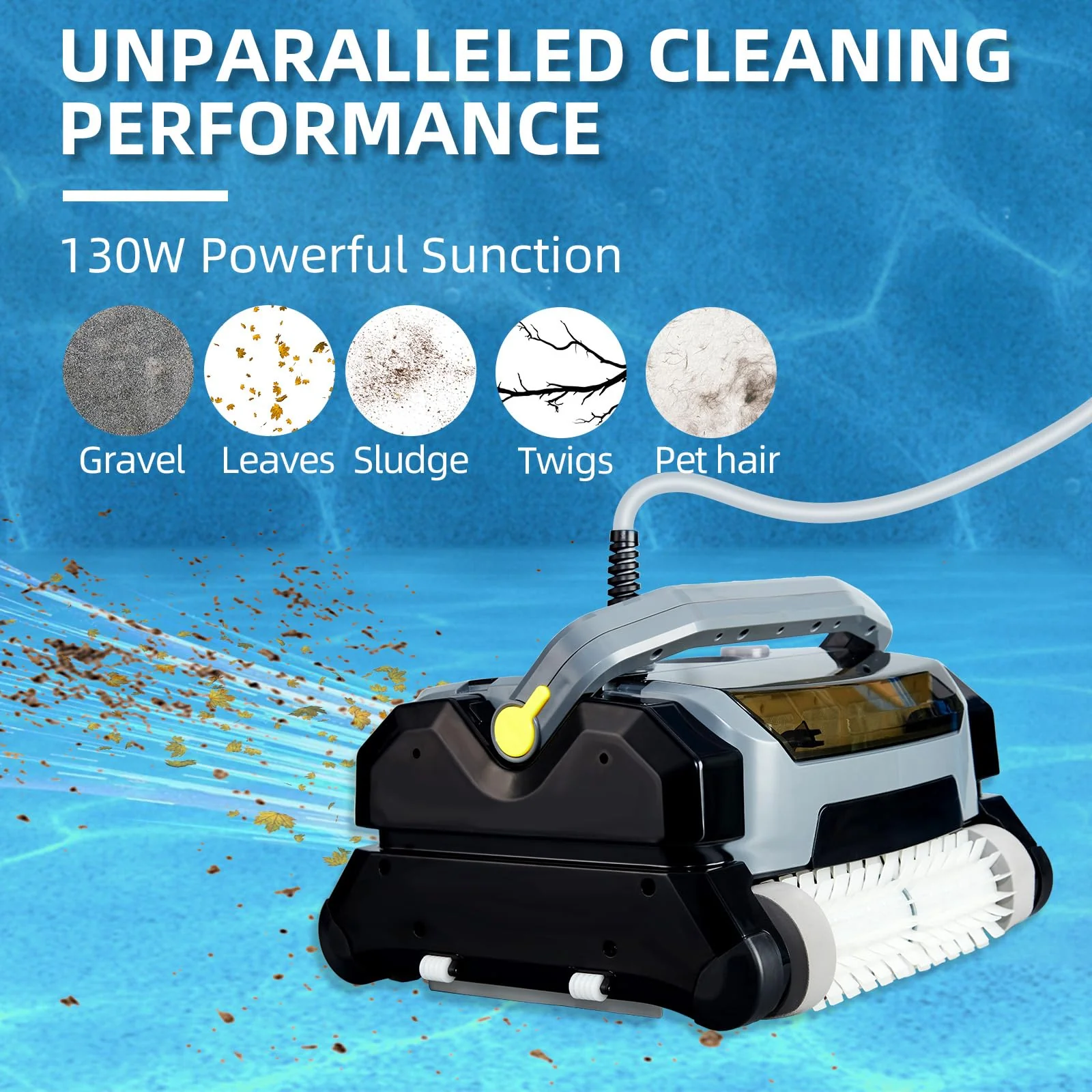 Garvee Robotic Pool Vacuum Cleaner 130W, Waterliner Clean, Wall Climbing Capability, w/Top Load Filters for Above/In-Ground Pools Up to 30FT in Length - Gray