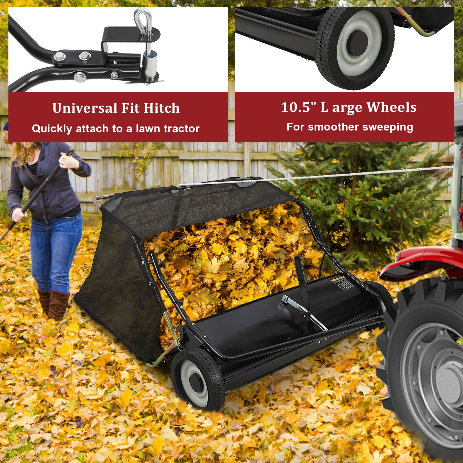 Garvee Tow Behind 48 Inch Lawn Sweeper, Large Capacity Heavy Duty Leaf & Grass Collector with Adjustable Sweeping Height, Dumping Rope Design for Picking Up Debris and Grass