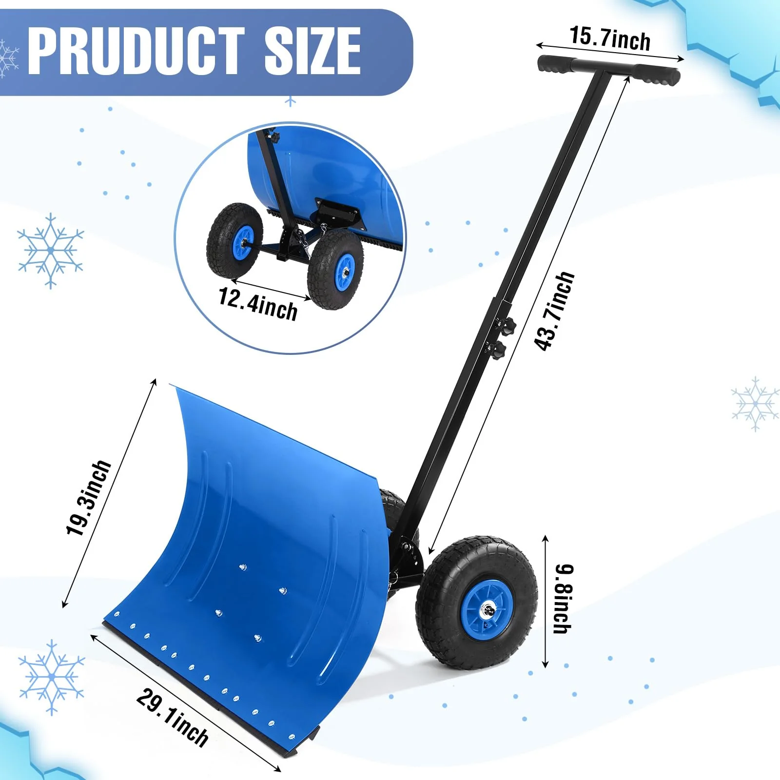 Garvee Snow Shovel with Wheels Heavy Duty Snow Pusher Ergonomic Handle Adjustable Angle & Height Polypropylene Blade Anti-Skid Wheels for Driveway and Pavement