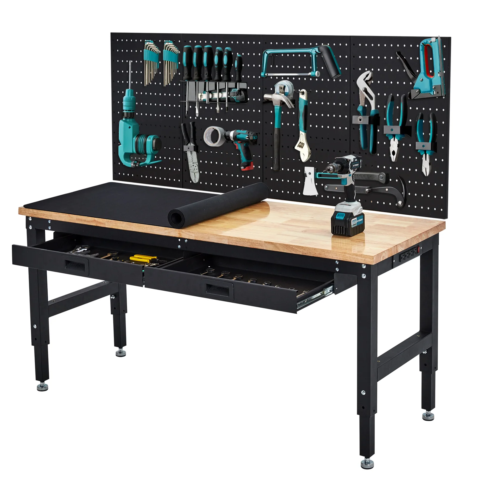 Garvee 60x22 Inch WorkBench, Rubber Wood Tabletop Work Table with 2 Drawers & Pegboard Pad, 2000 LBS Heavy Duty Adjustable Height Work Bench Table with Power Outlets for Workshop, Office