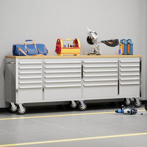 Garvee 96 inch Mobile Tool Chest 24 Drawers Lockable Stainless Steel Rolling Cabinet with Wood Top for Garage Workshop