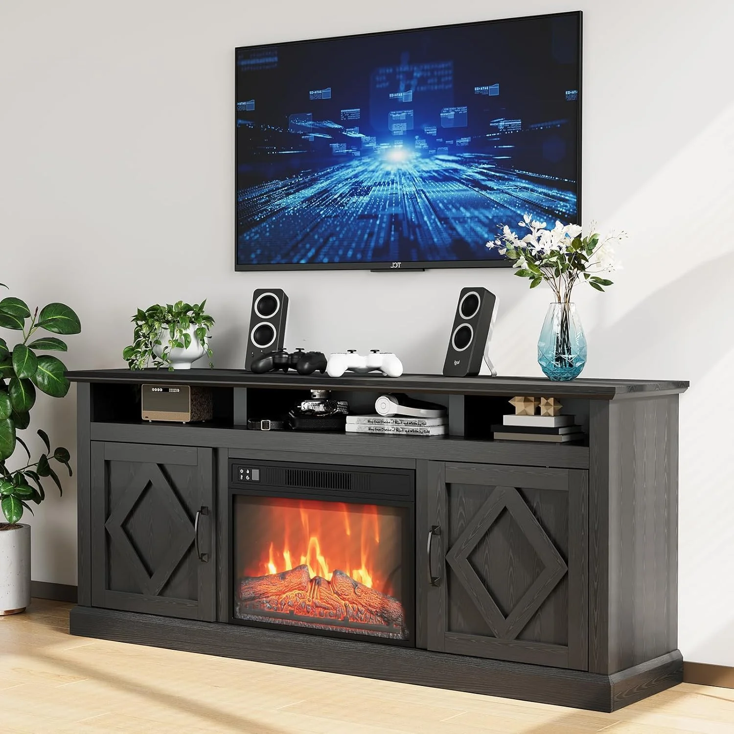 Garvee 67” Black TV Stand with Fireplace for 65 75 80 inch TV, Farmhouse Entertainment Center with 23“ Remote-Control Fireplace Heater, TV Console with 2 Doors & Open Shelfs for Living Room/Bedroom