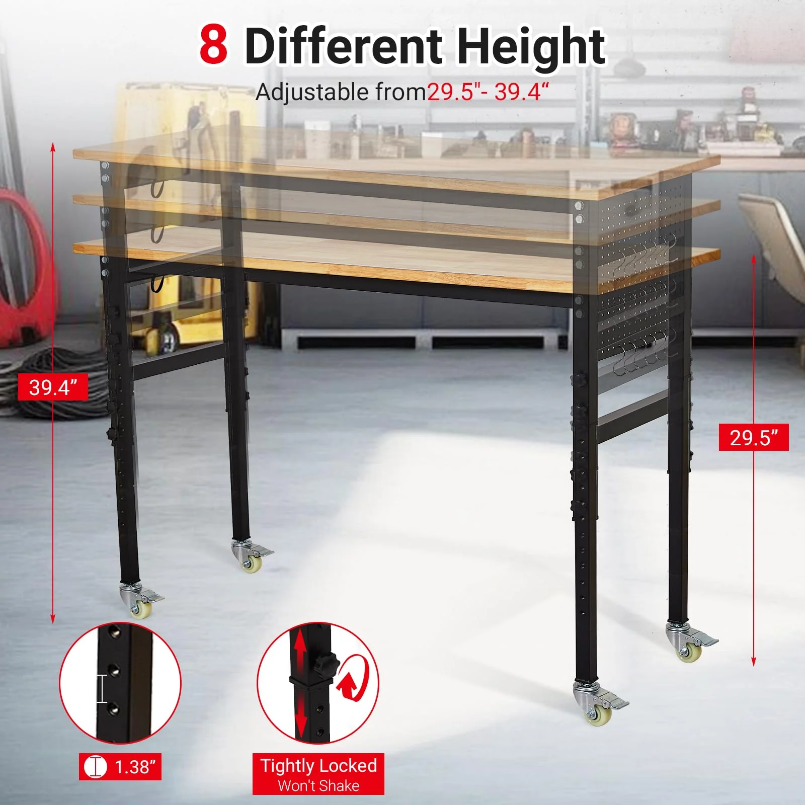 Garvee 60'' Adjustable Workbench with Power Outlet, Heavy Duty Rubber Wood Work Table, 29