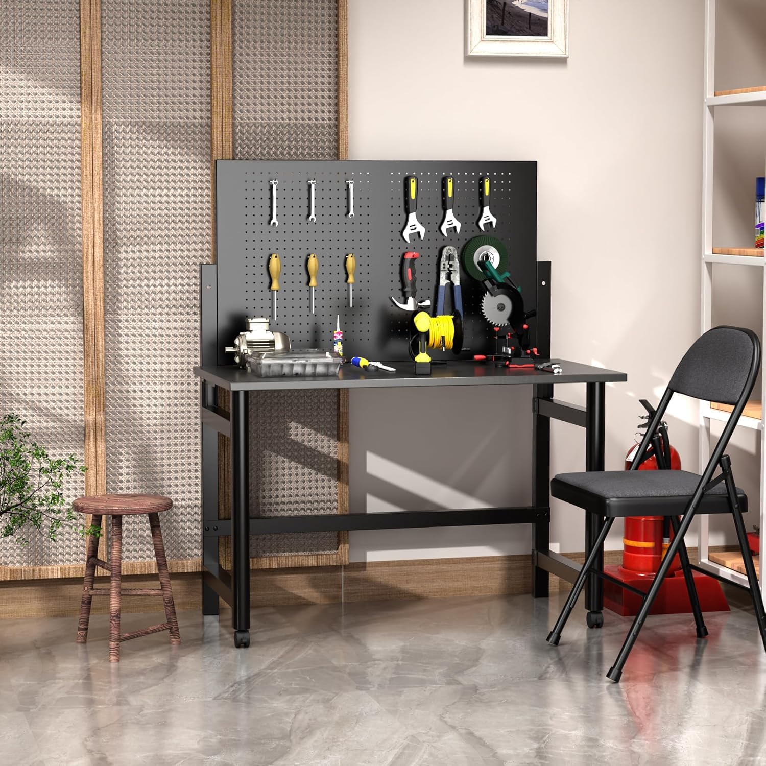 Garvee Heavy-Duty Wall-Mounted Workbench with Pegboard, Foldable Steel Frame, Space-Saving, Scratch-Resistant Black Finish, Garage & Workshop Use