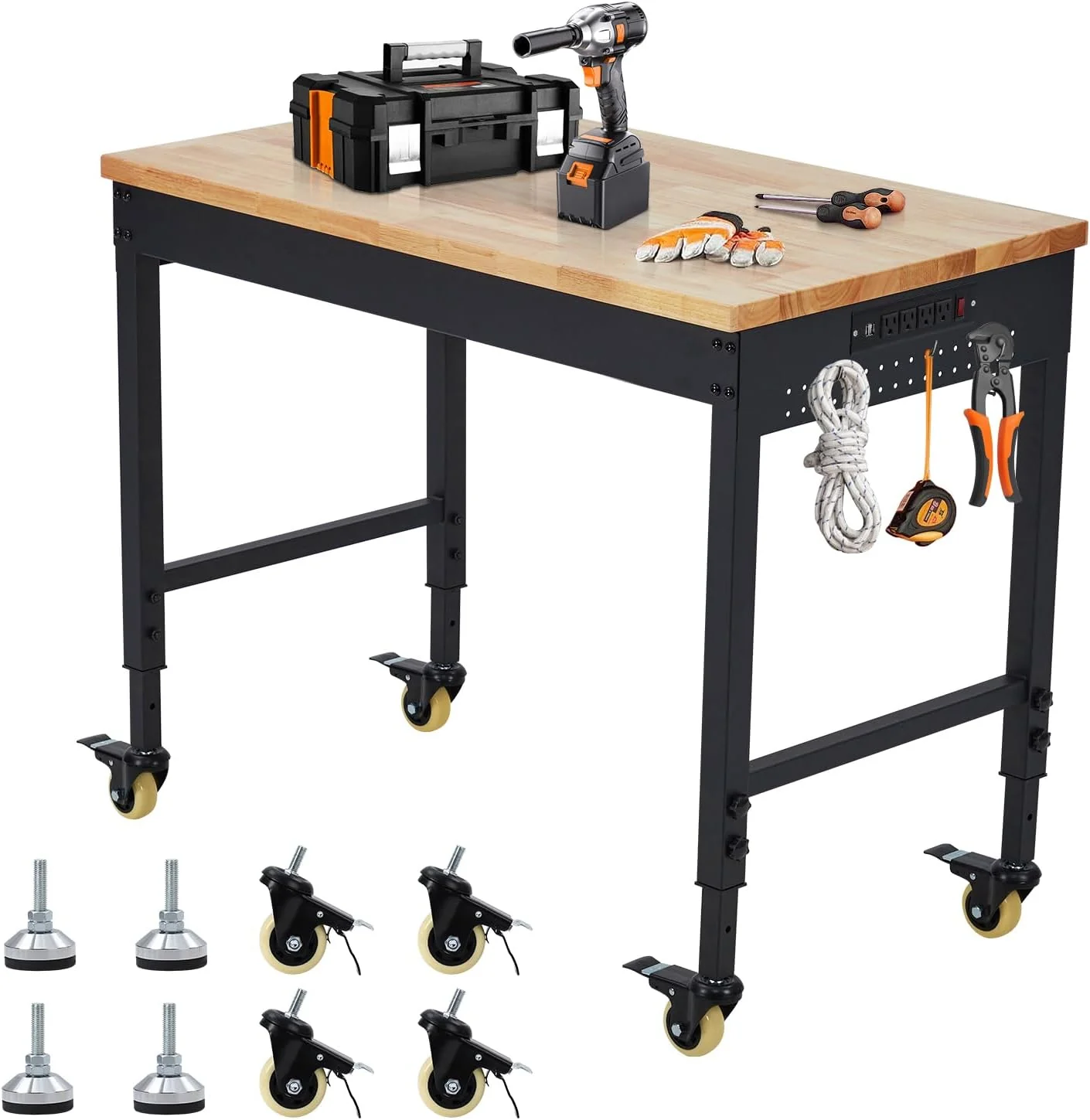 Garvee 48x24 Inch Adjustable Workbench for Garage Workbench, Rubber Wood Top Heavy-Duty Worktable Adjustable Workstation with 4 Rolling Casters, 2000 LBS Load Capacity Work Table for Workshop Office, Power Outlets