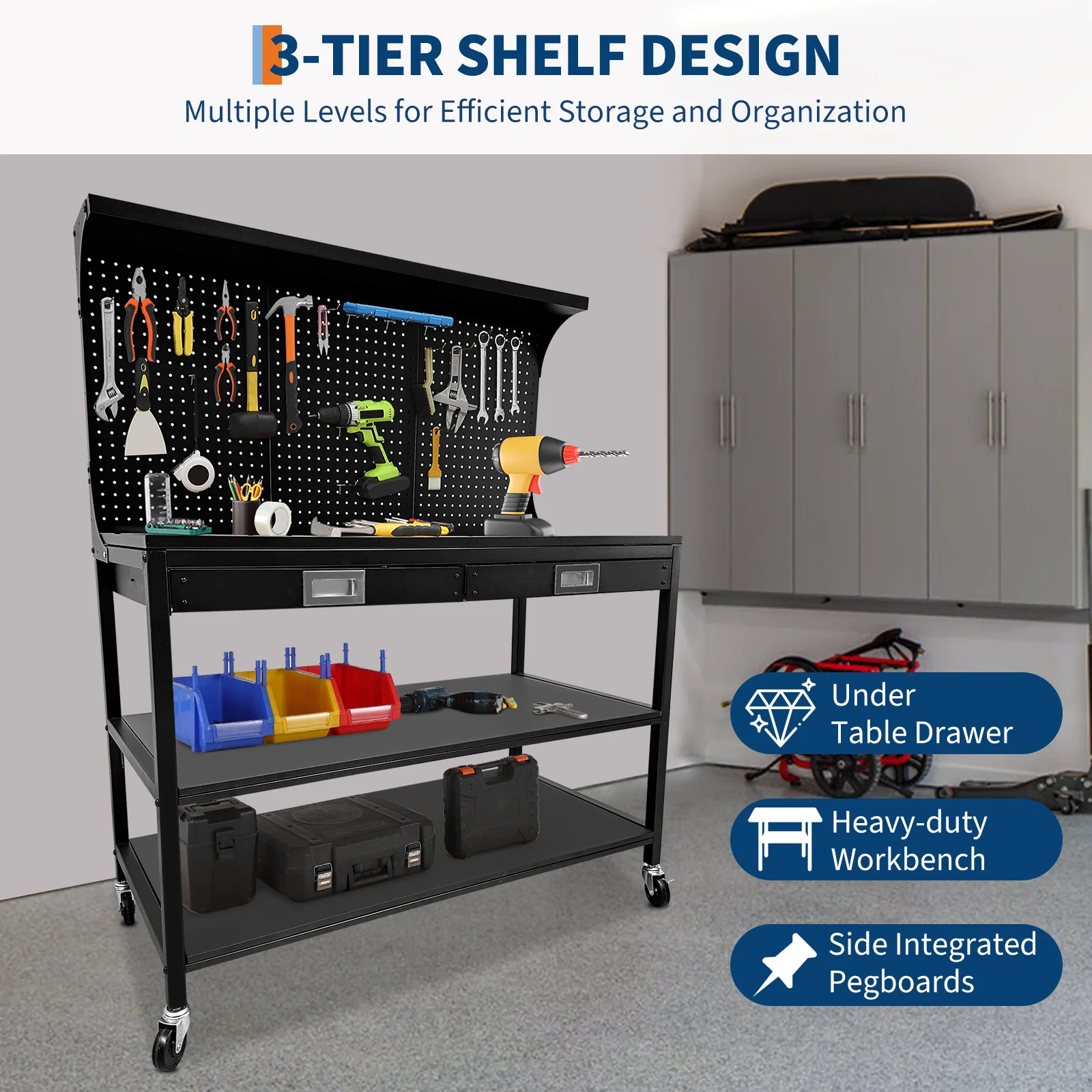 Garvee 48 Inch Workbench, Heavy Duty Steel Tool Workbench with 2 Drawers and 2 Storage Shelves, Multifunctional Work Table with Pegboard and Wheels for Garage, Workshop, Basement