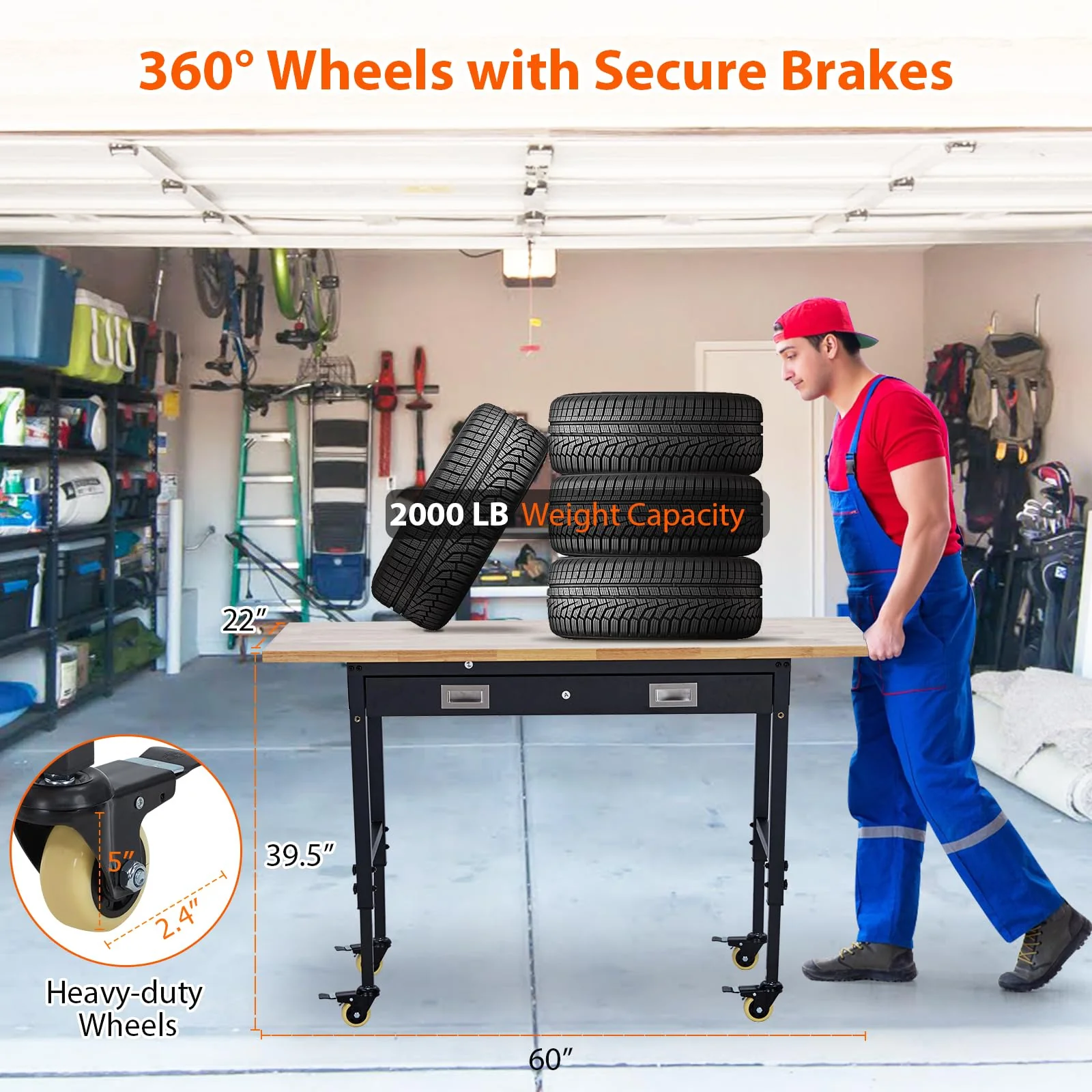 Garvee 60x22 Inch Workbench with Drawer Storage, Adjustable Height Worktable for Garage, Rubber Wood Top Heavy Duty Workbench with Power Outlet & 4 Lockable Wheels, 2000lbs Load Capacity for Workshop Home