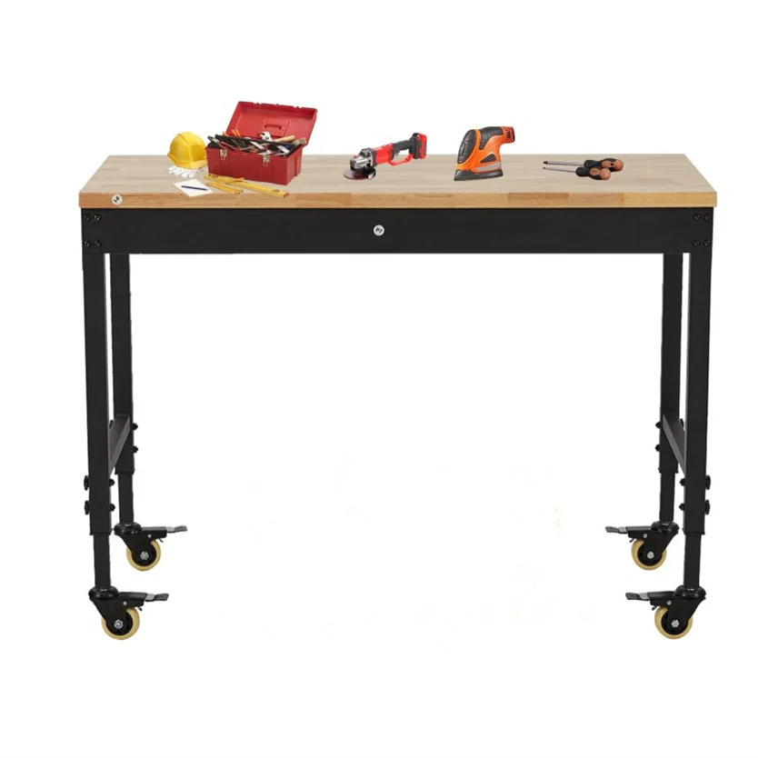 Garvee 48x24 Inch Adjustable Workbench for Garage Workbench, Rubber Wood Top Heavy-Duty Worktable Adjustable Workstation with 4 Rolling Casters, 2000 LBS Load Capacity Work Table for Workshop Office, Power Outlets