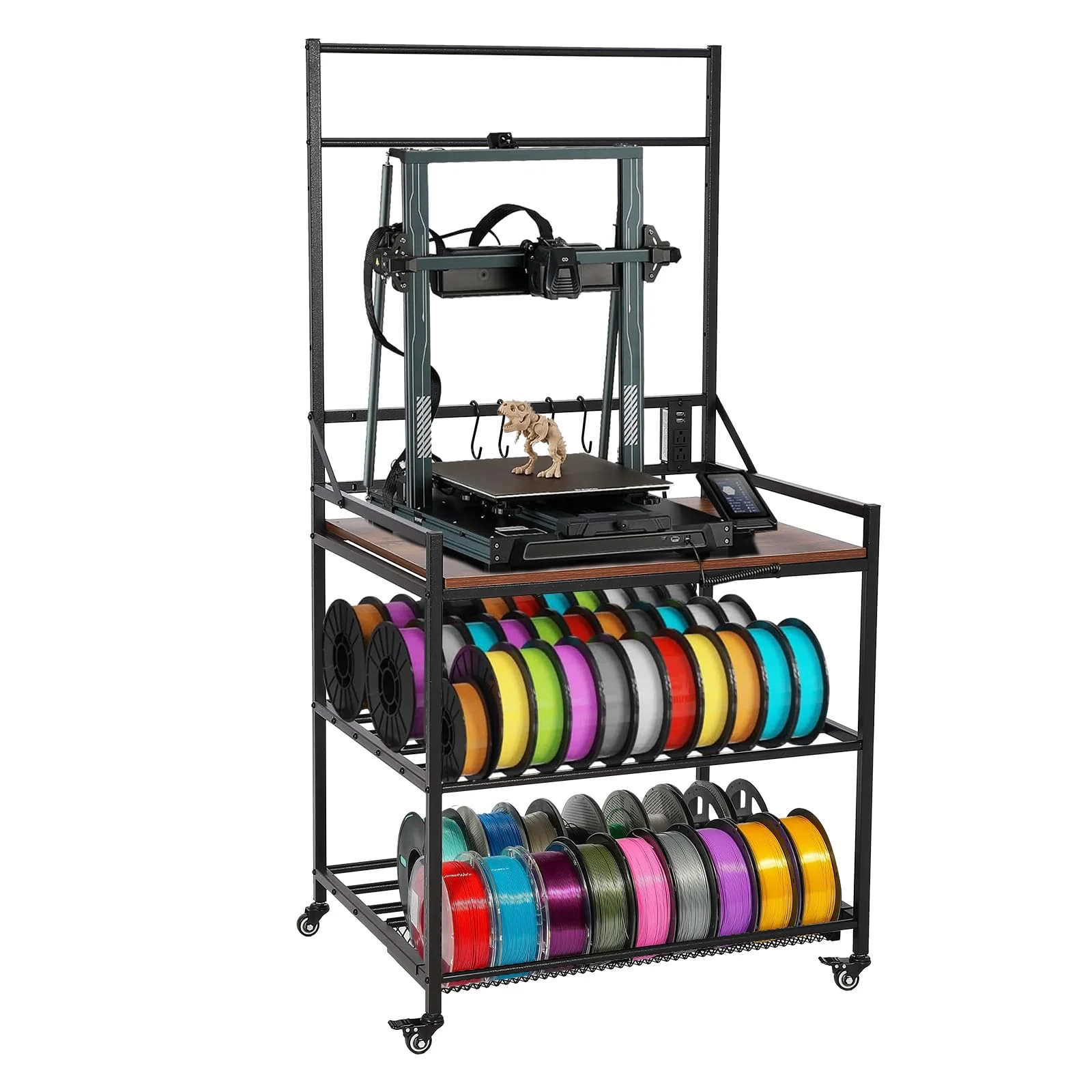 Garvee 3D Printer Rack Filaments Storage 3-Tier Rolling Organizer with Wheels Power Strips Hooks Carbon Steel MDF Heavy Duty for Studios Offices