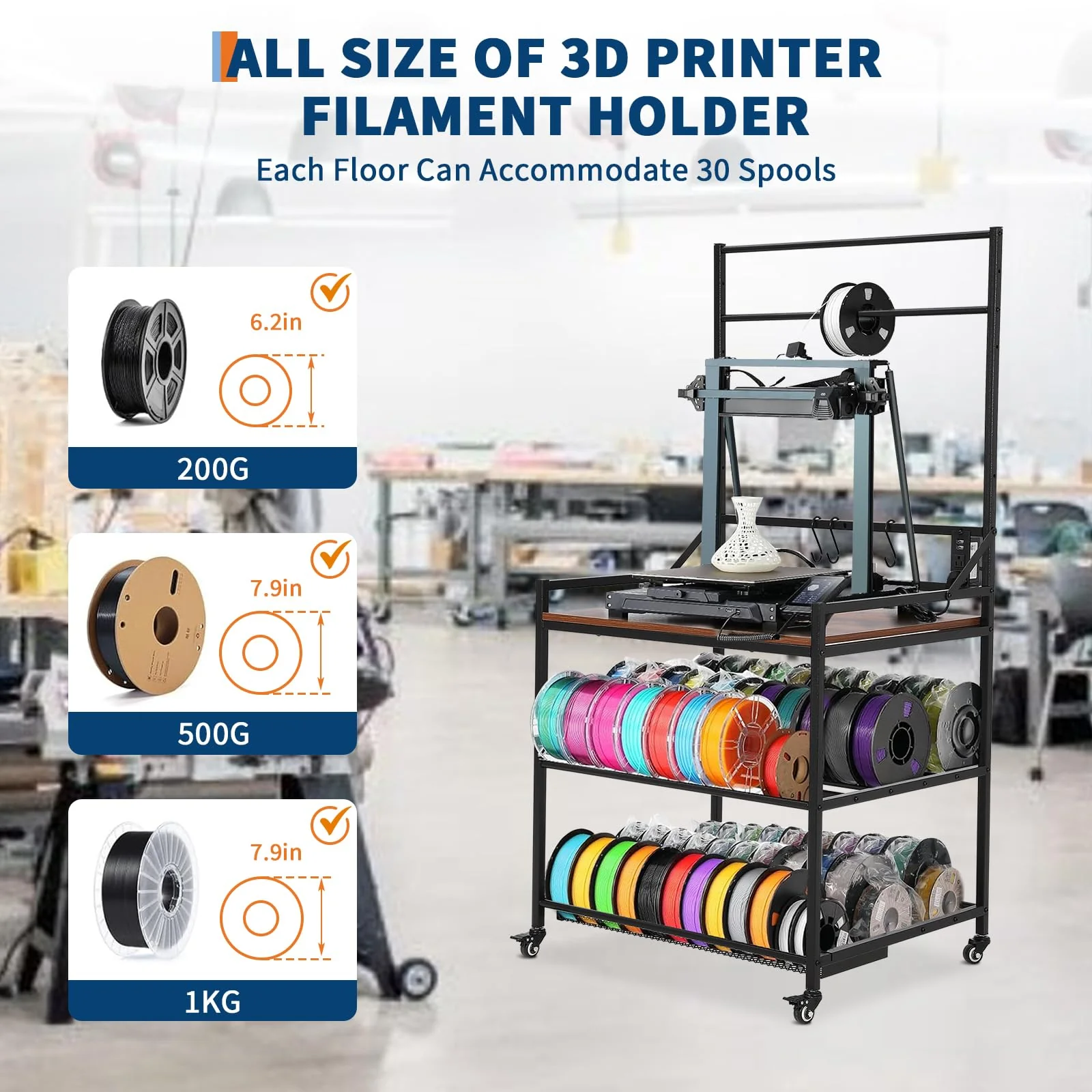 Garvee 3D Printer Rack Filaments Storage 3-Tier Rolling Organizer with Wheels Power Strips Hooks Carbon Steel MDF Heavy Duty for Studios Offices