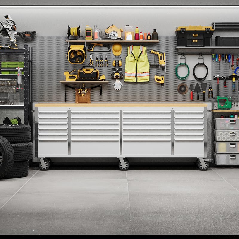 Garvee 96 inch Mobile Tool Chest 24 Drawers Lockable Stainless Steel Rolling Cabinet with Wood Top for Garage Workshop