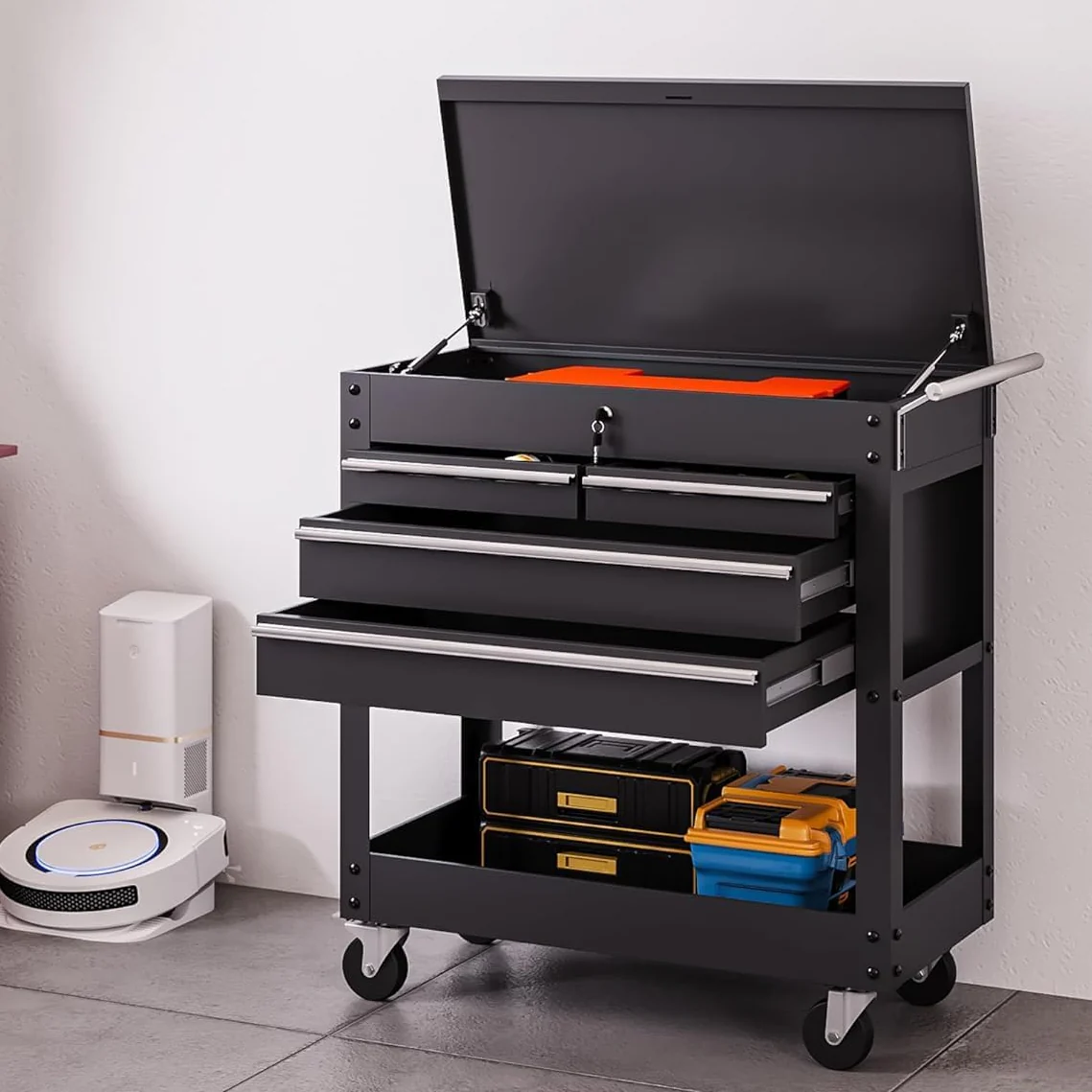 Garvee 4-Drawer Rolling Tool Chest, Tool Box Cart with Lock, Heavy Duty Metal Tool Cart On Wheels, Powder-Coated Steel, Tool Box Organizer