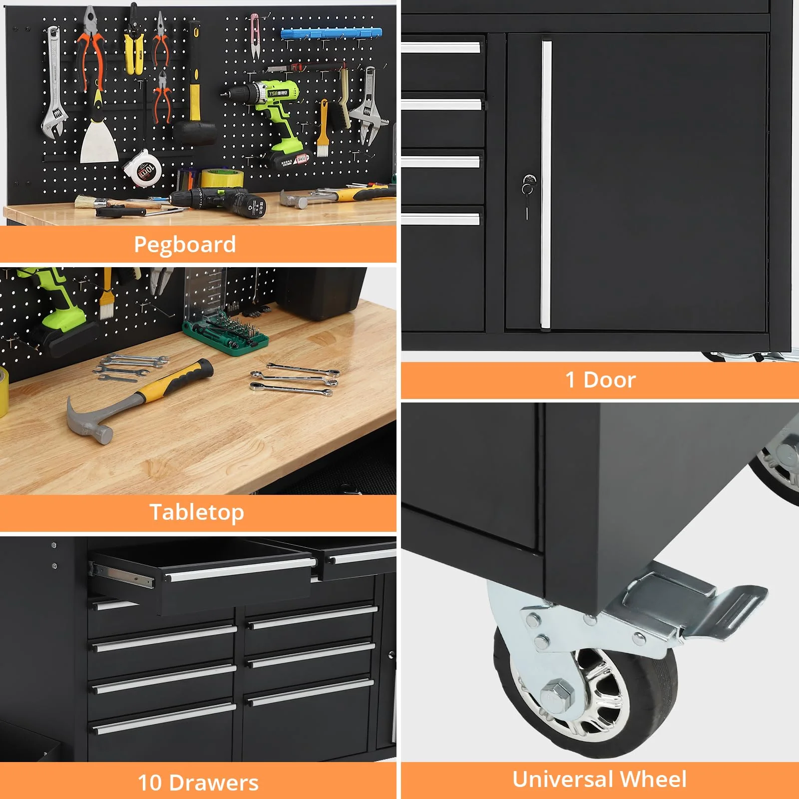 Garvee  61 x 19 Inch Tool Chest Workbench, 61-inch Rolling Tool Chest with Wheels, 10 Drawers, Multifunctional Tool Cart Mechanic Tool Storage Cabinet for Garage, Assembled Large Tool Box Storage Cabinet, Black