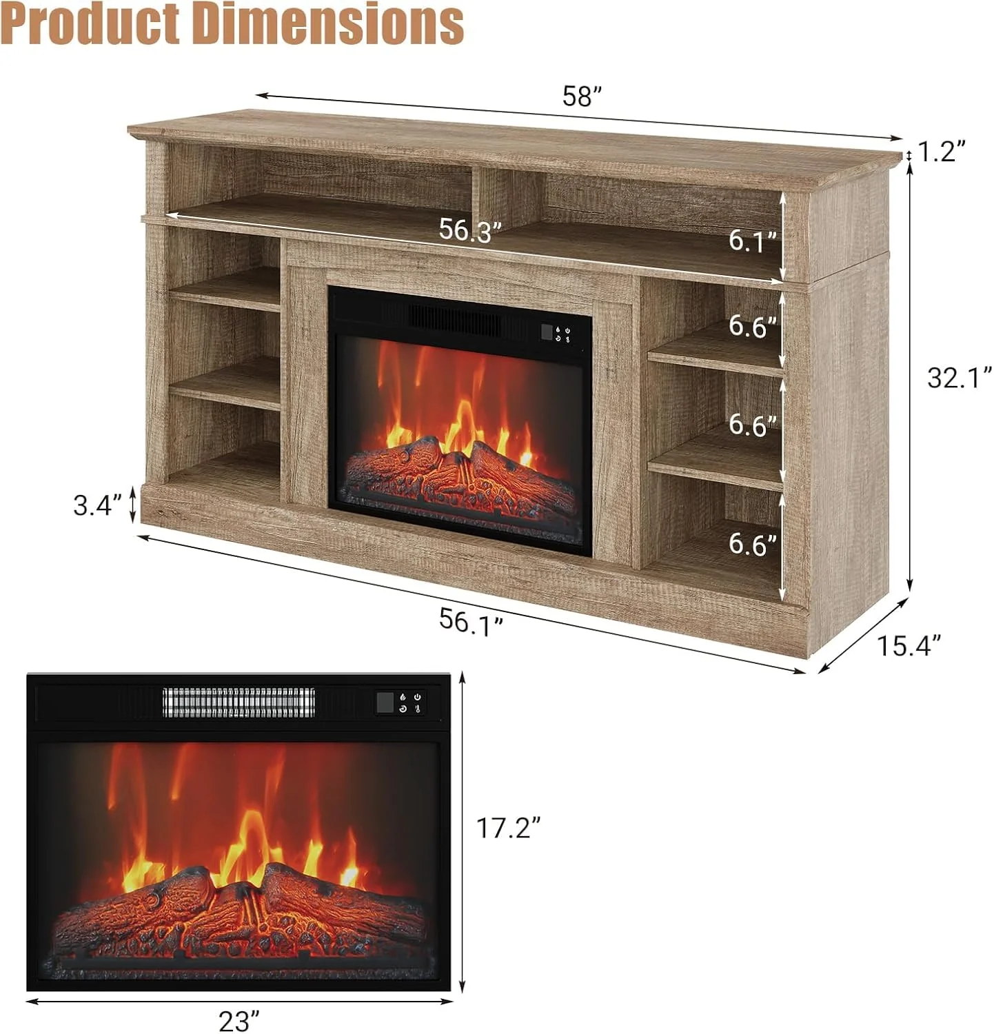 Garvee 58 Inch Farmhouse TV Stand With Electric Fireplace, Wood Entertainment Center Tv Console Cabinet With Open Storage Shelves, 23