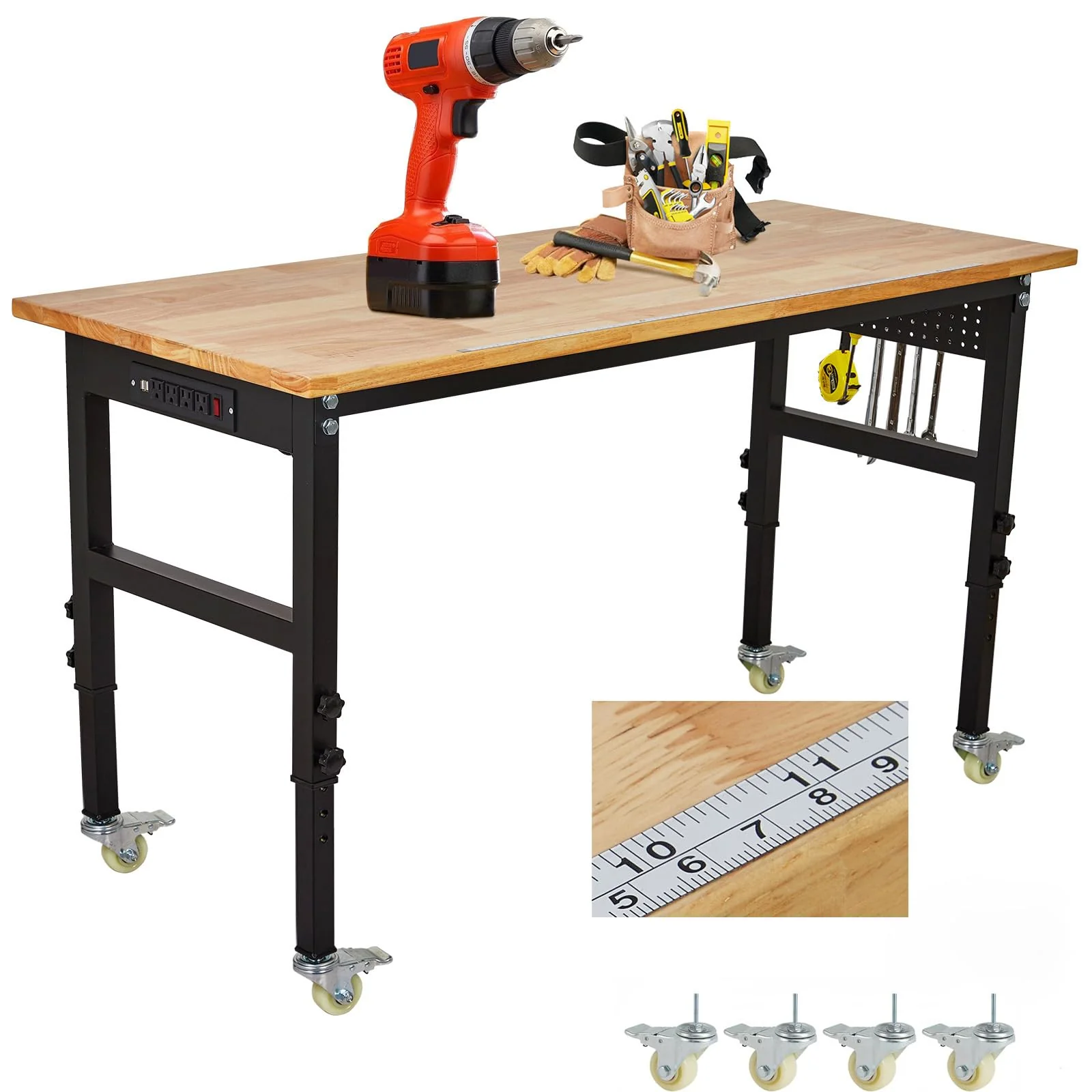 Garvee 60'' Adjustable Workbench with Power Outlet, Heavy Duty Rubber Wood Work Table, 29