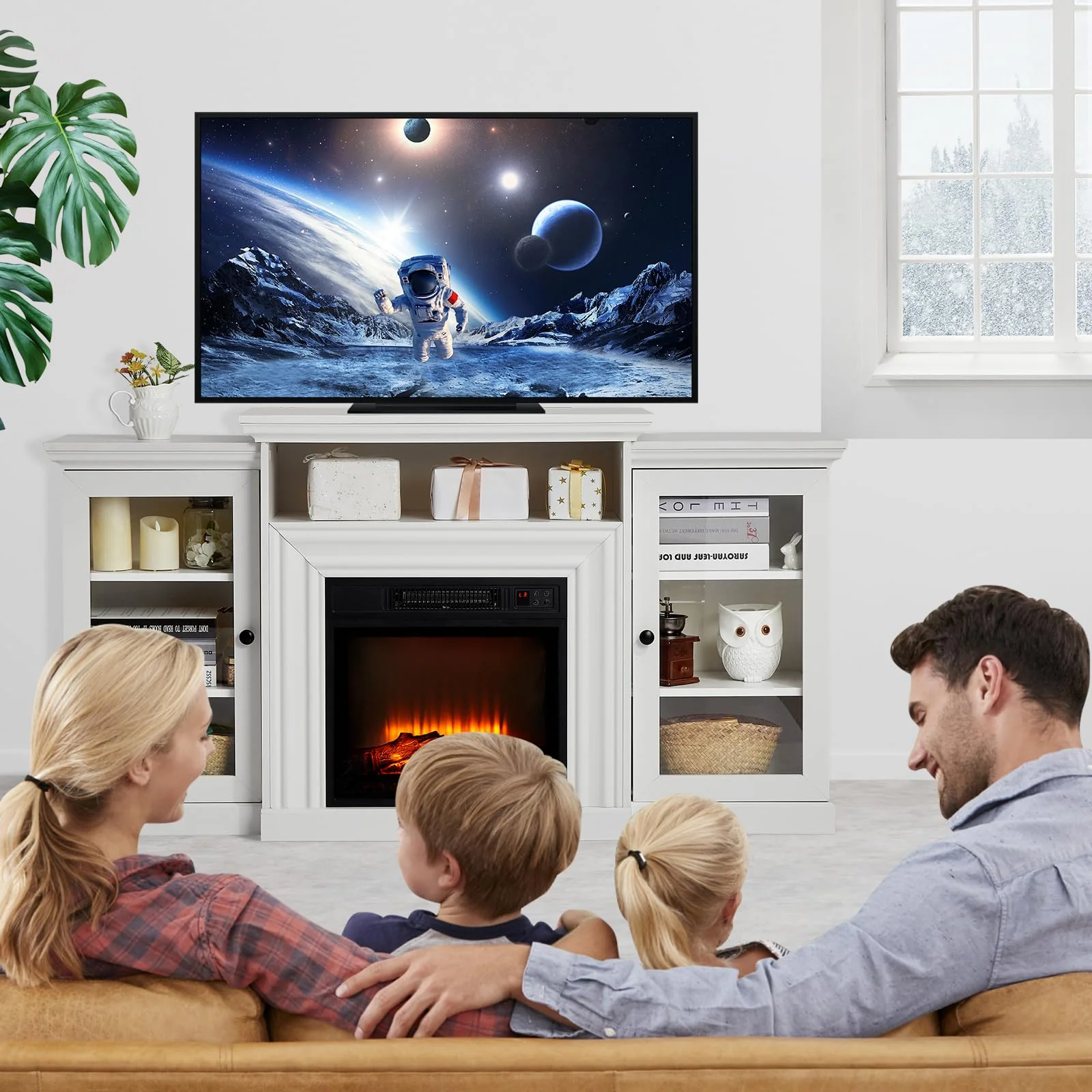 Garvee 18'' Built-In Fireplace with 60'' Entertainment Center Remote Controlled Fireplace 3-speed Flame Brightness 0.5h-6h Timing 1400W Powerful Heater 62℉-82℉ Adjustable Warming Unit