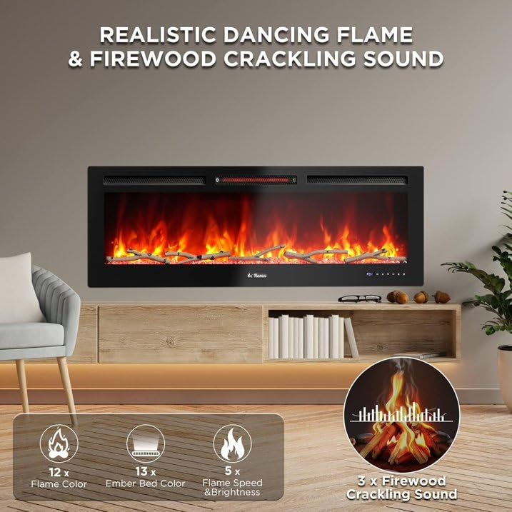 Garvee 60” Smart Wifi Infrared Electric Fireplace With Special Feature Led Flame, 1500W Quartz Heater, Recessed or Wall Mounted, Adjustable Flame Effects, Remote Control