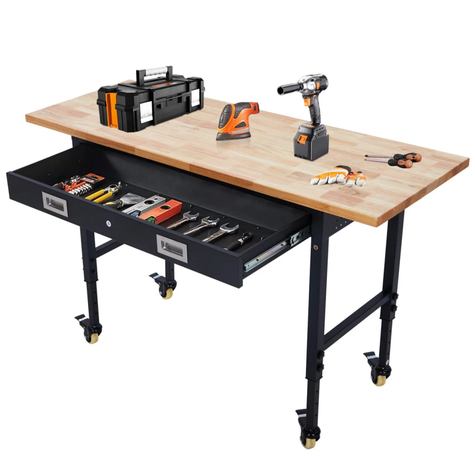 Garvee 60x22 Inch Workbench with Drawer Storage, Adjustable Height Worktable for Garage, Rubber Wood Top Heavy Duty Workbench with Power Outlet & 4 Lockable Wheels, 2000lbs Load Capacity for Workshop Home