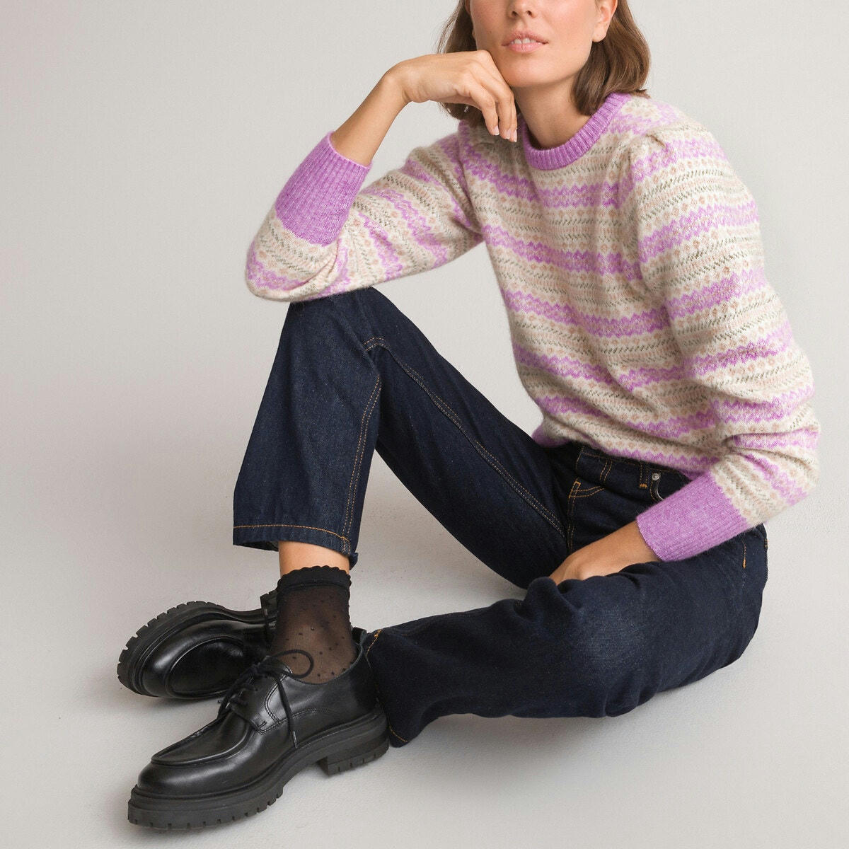 Pull col rond, en maille jacquard