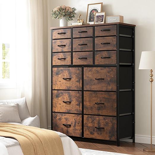 RaybeeFurniture 16 Drawer Dresser-Tall Fabric Storage Cabinet with Wooden Top & Metal Frame, Perfect Home Storage Organizer for Bedroom, Closet, Living Room, Entryway