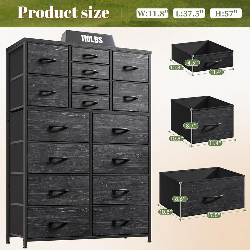 RaybeeFurniture 16 Drawer Dresser-Tall Fabric Storage Cabinet with Wooden Top & Metal Frame, Perfect Home Storage Organizer for Bedroom, Closet, Living Room, Entryway