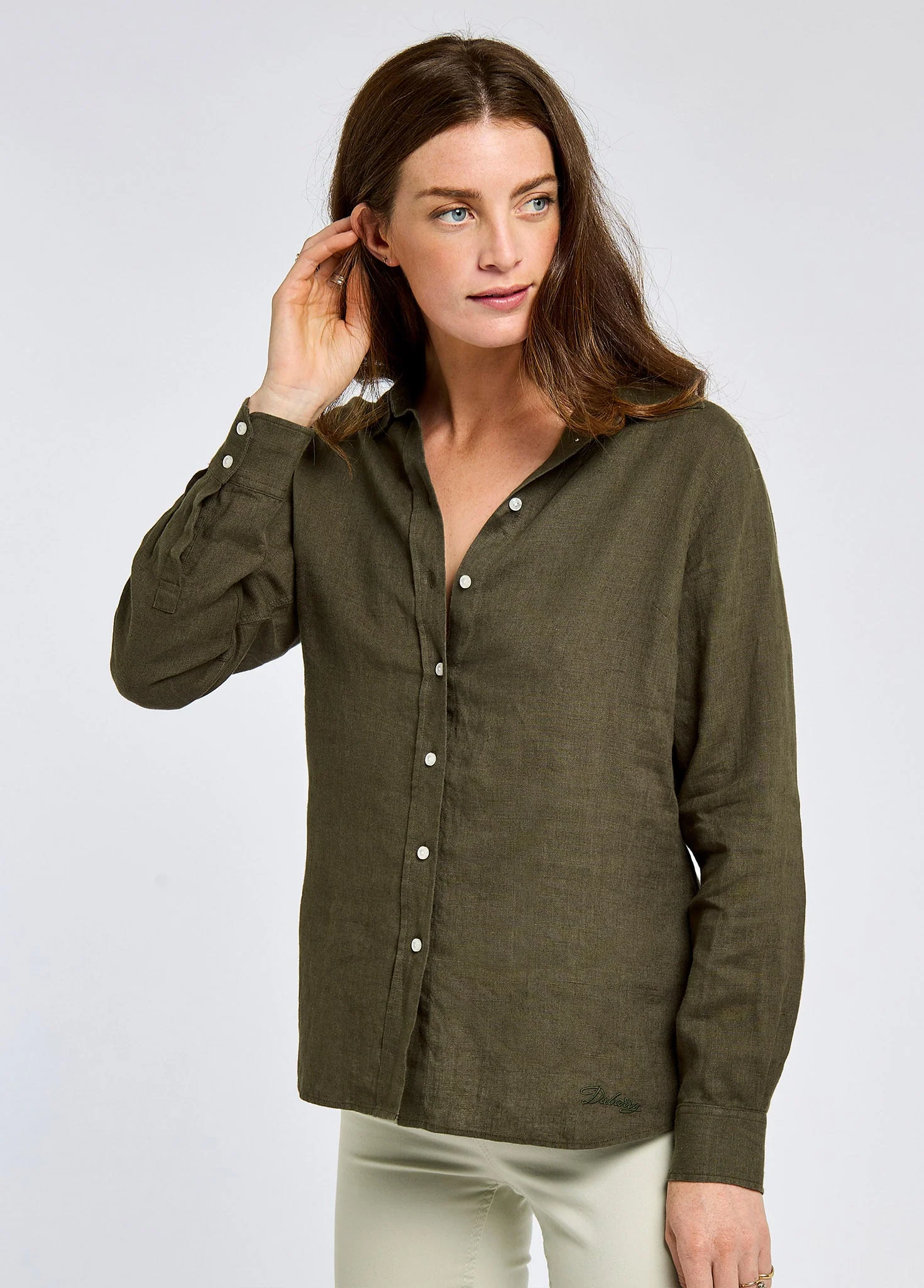 Butterfly Ladies' long sleeve linen shirt- khaki