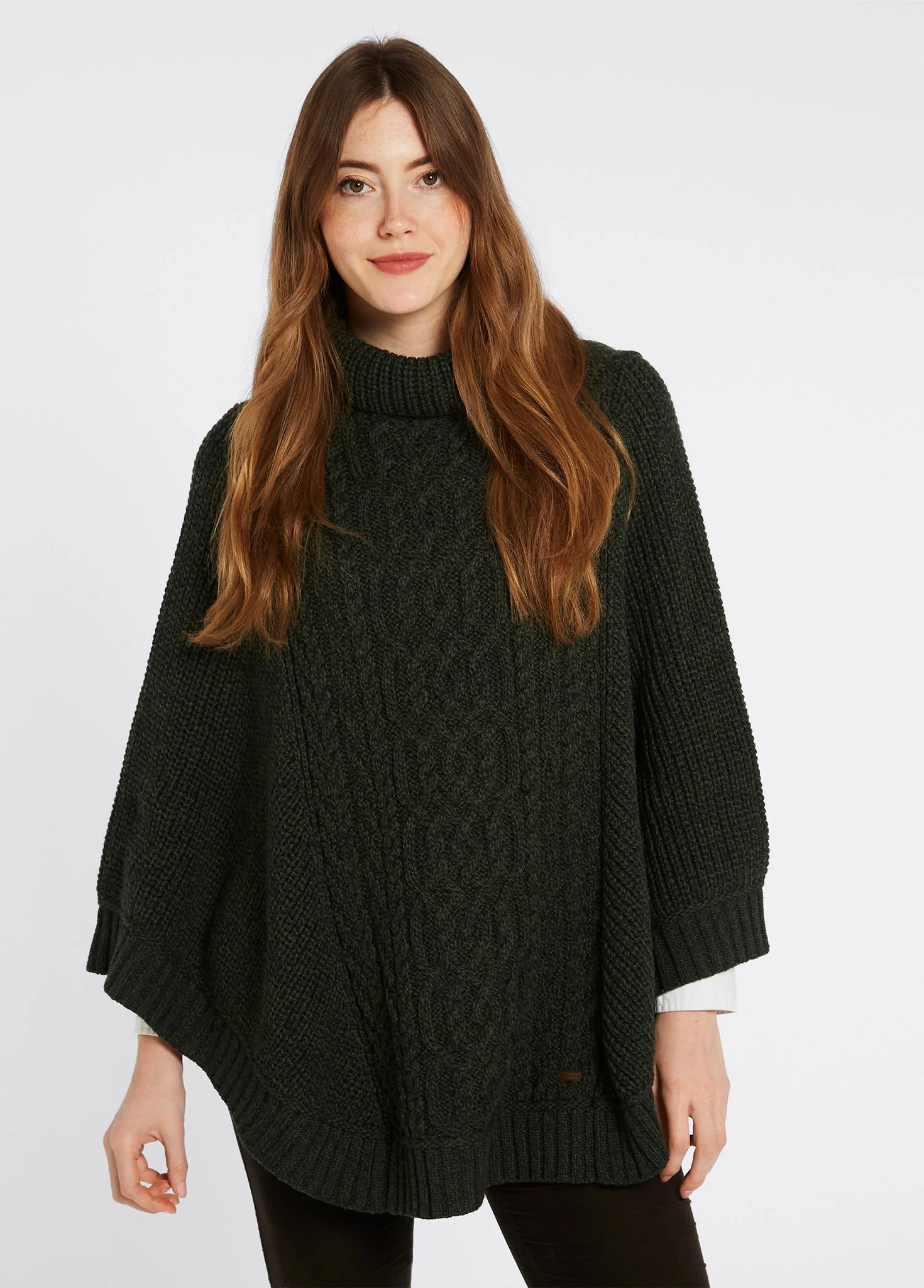 Kilronan Women's Irish Knit Merino Poncho - Olive