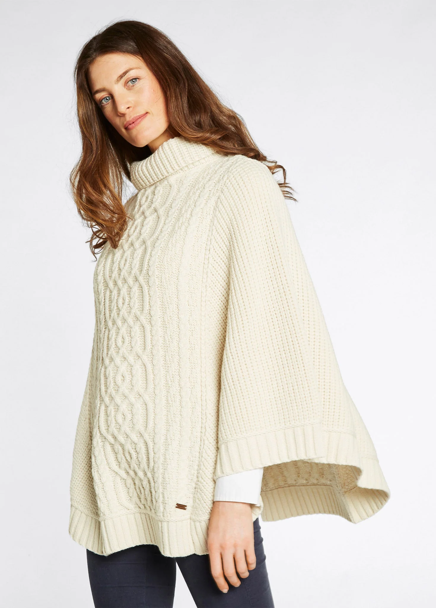 Kilronan Women's Irish Knit Merino Poncho - Cream
