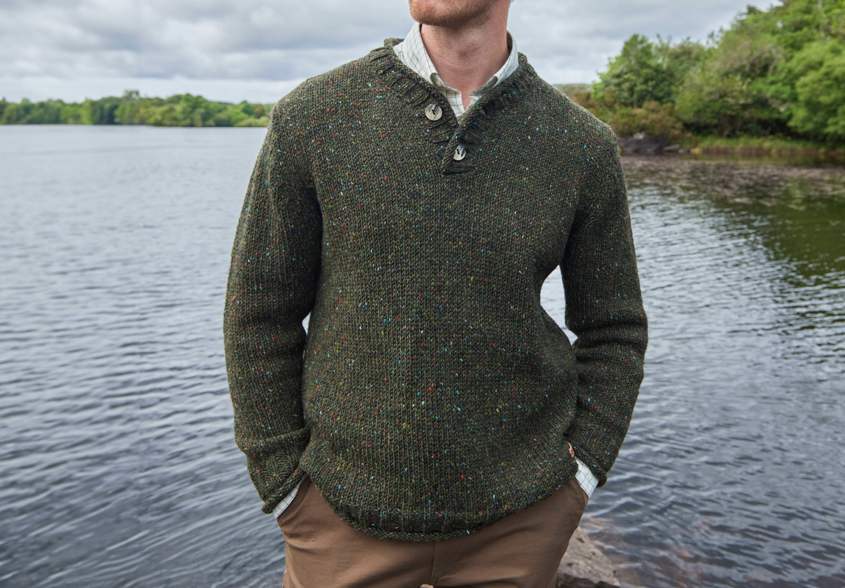 Taylor Men's Irish Knit Donegal Sweater - Olive