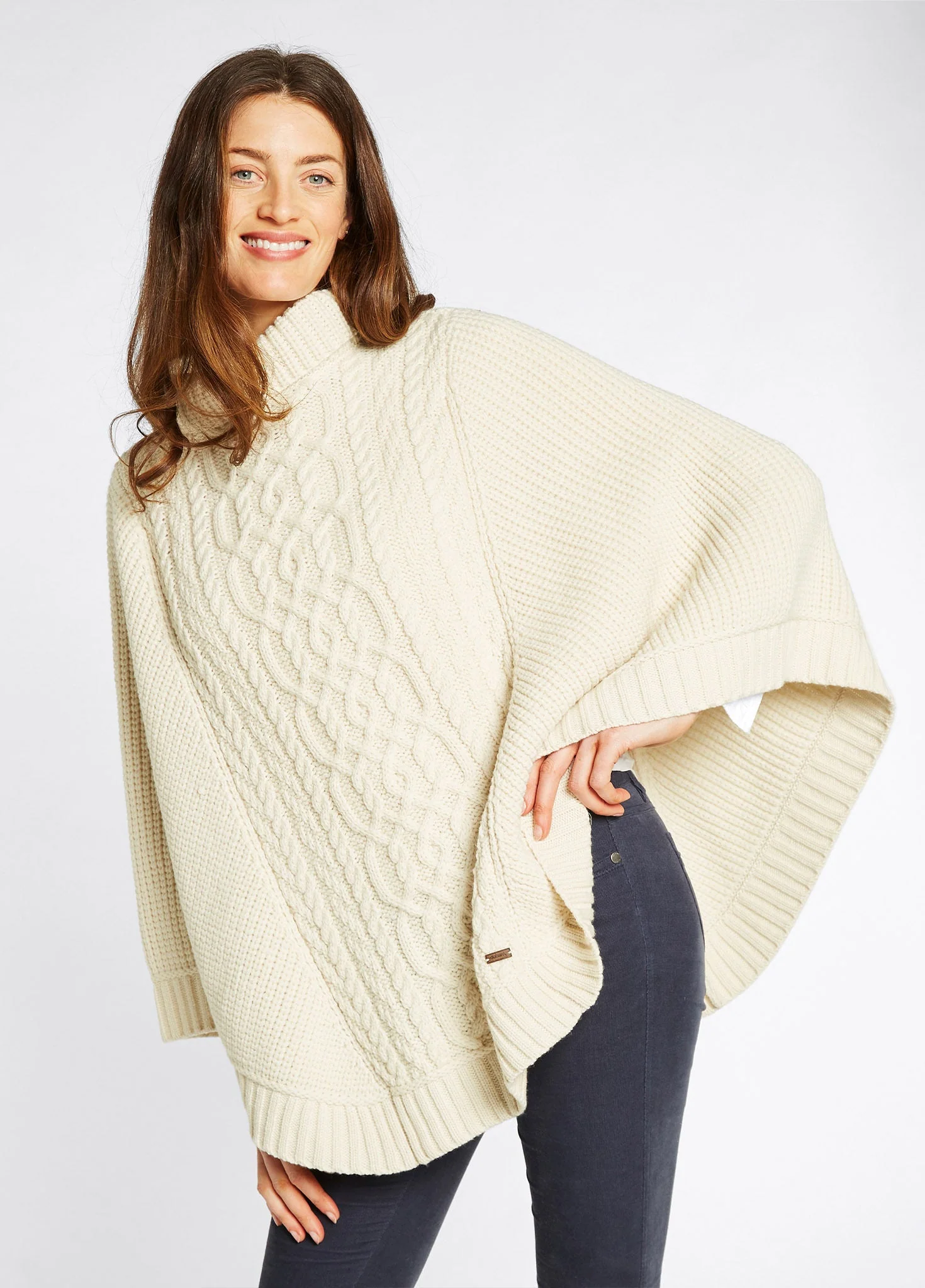 Kilronan Women's Irish Knit Merino Poncho - Cream