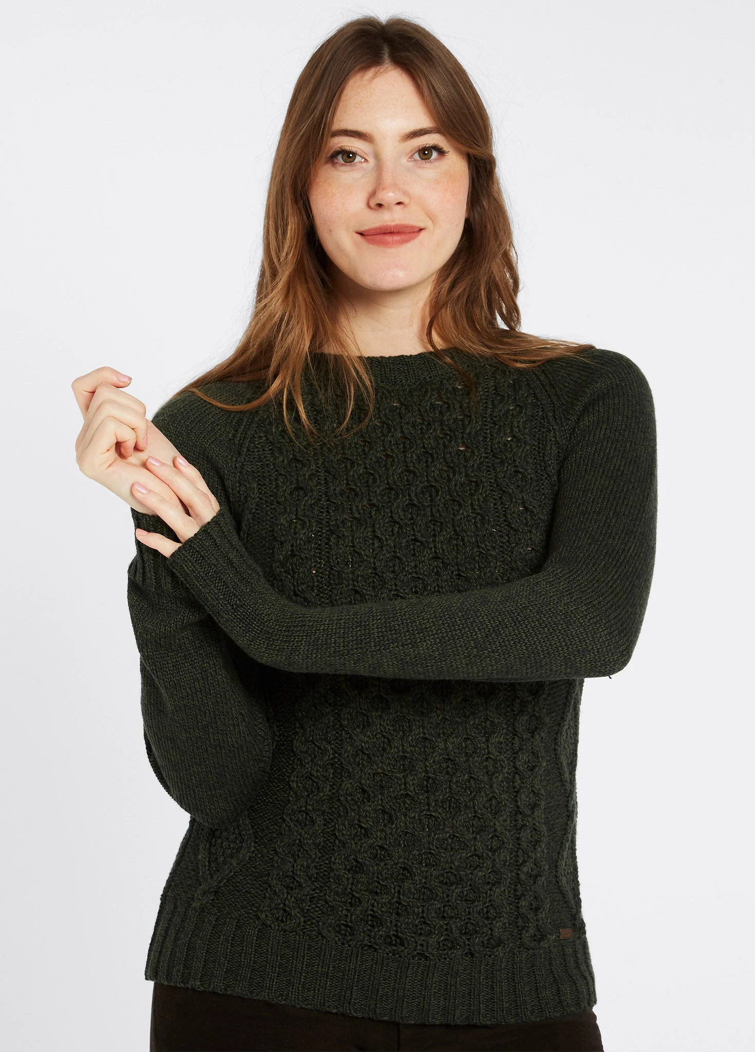 Shanley Women's Irish Knit Merino Aran Sweater - Olive